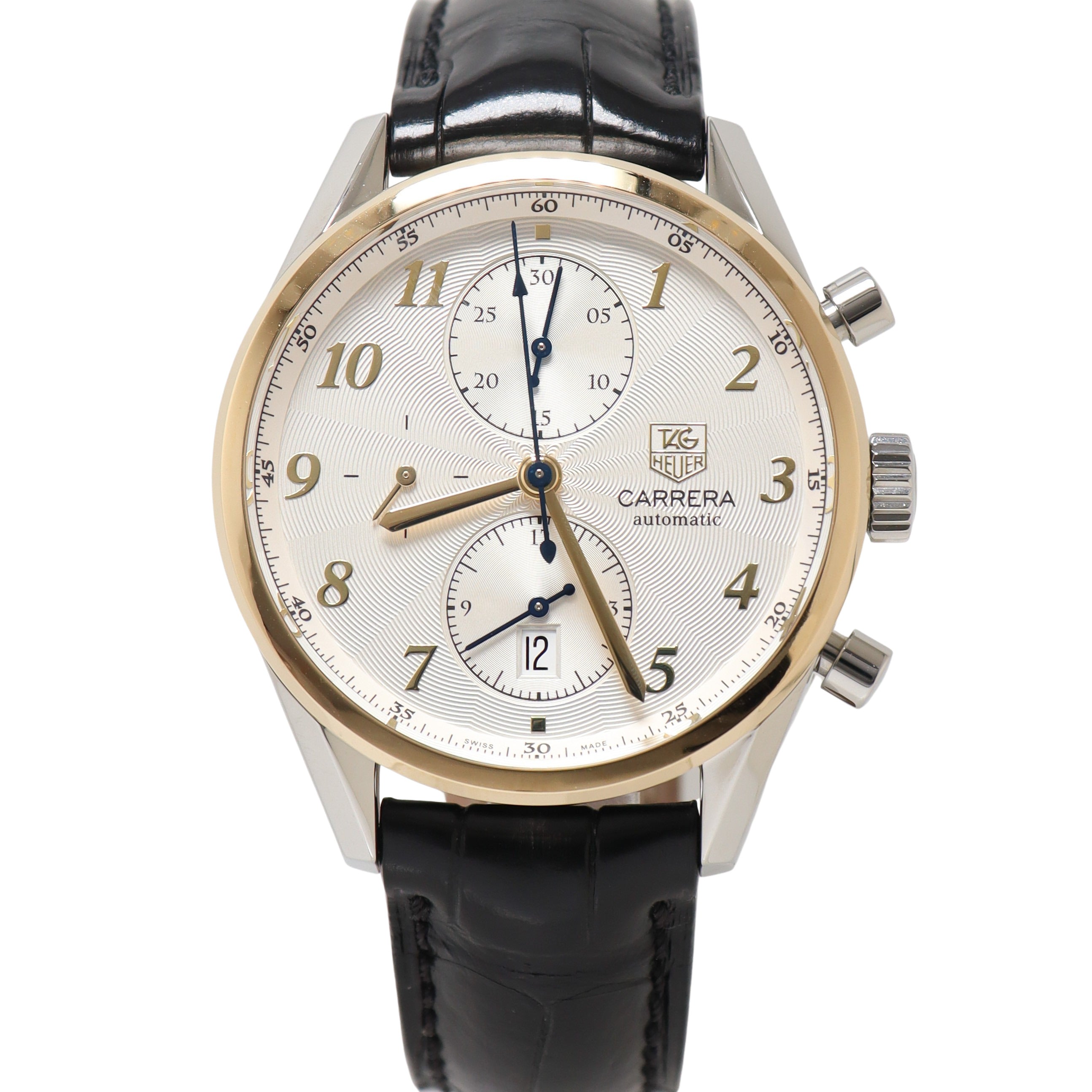 Tag Heuer Carrera 41mm Yellow Gold & Stainless Steel White Chronograph Dial Watch Reference# CAS2150 - Happy Jewelers Fine Jewelry Lifetime Warranty