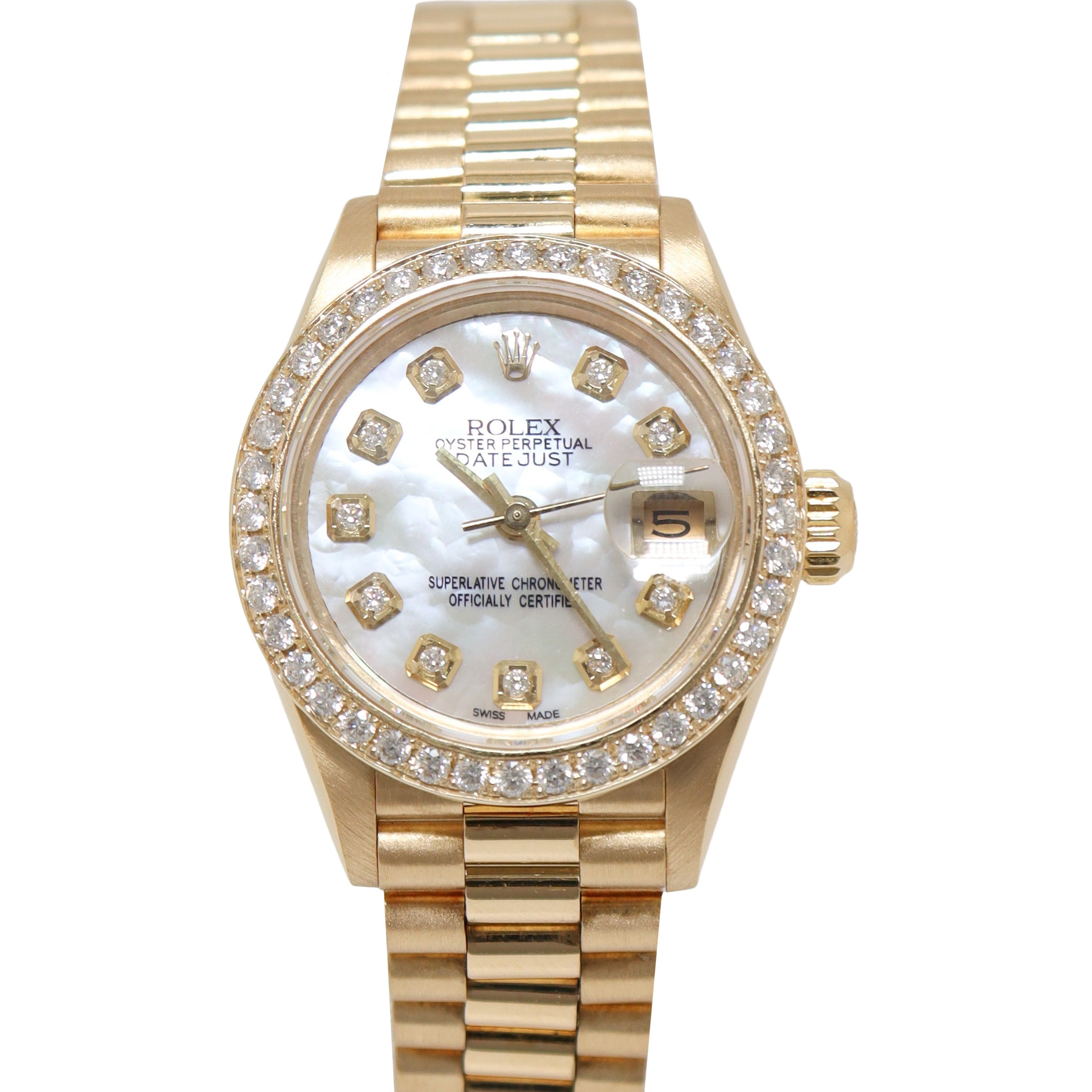 Rolex Lady-Datejust Yellow Gold 26mm Custom White MOP Diamond Dial Watch Reference #: 69138 - Happy Jewelers Fine Jewelry Lifetime Warranty