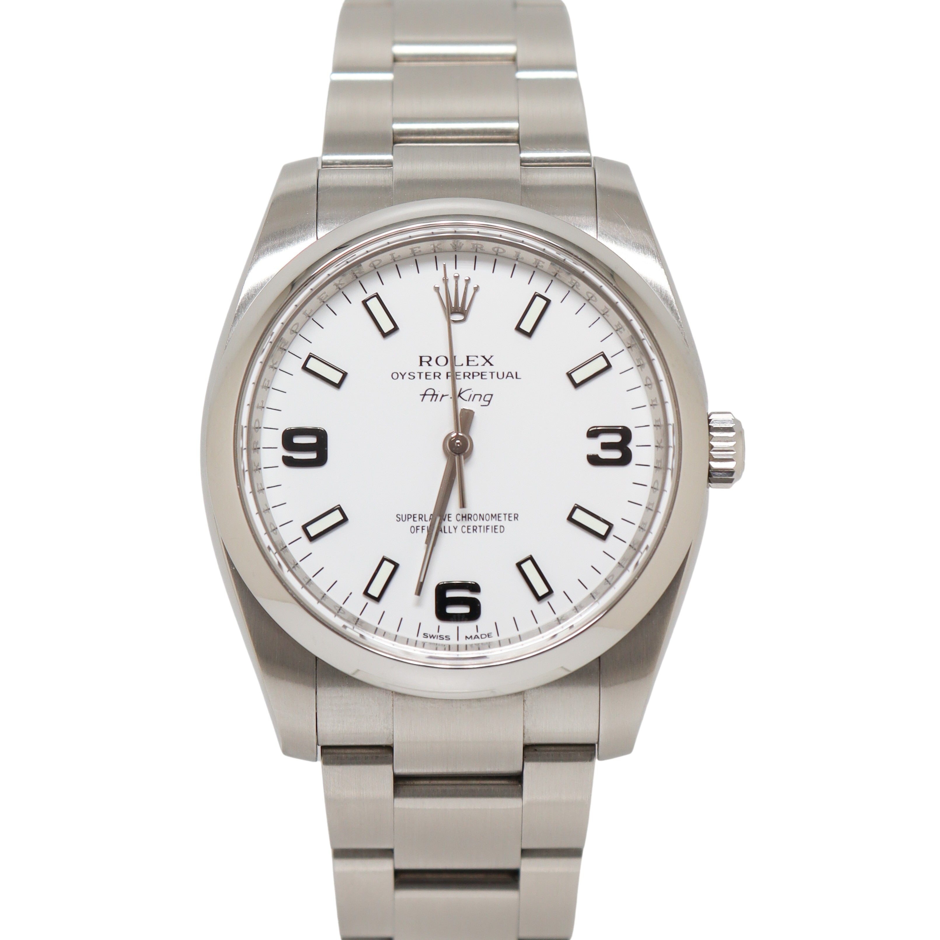 Rolex Air King Oyster Perpetual Stainless Steel 34mm White Arabic & Stick Dial Watch Reference#: 114200 - Happy Jewelers Fine Jewelry Lifetime Warranty