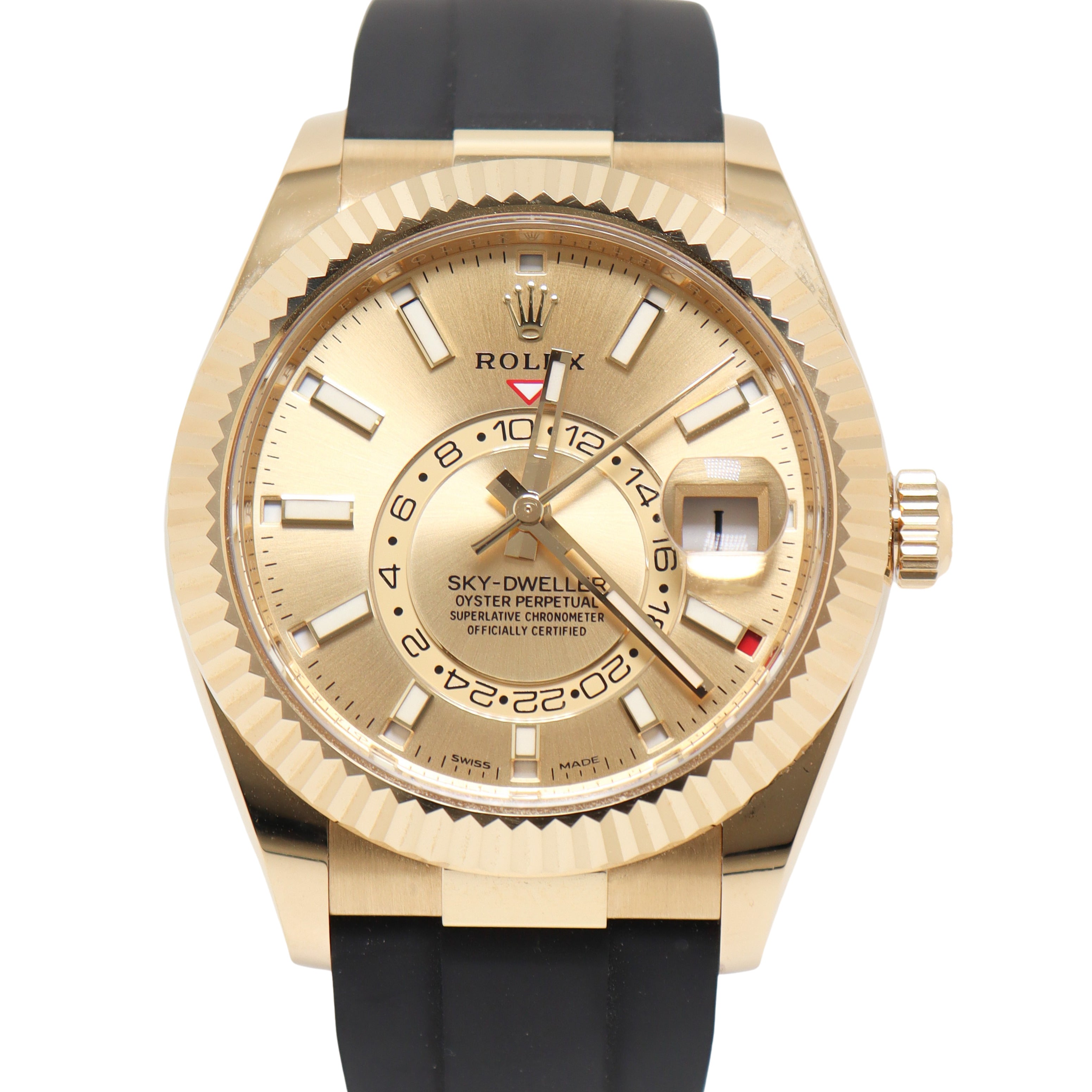 Rolex Sky Dweller Yellow Gold 42mm Champagne Stick Dial Watch Reference#: 326238 - Happy Jewelers Fine Jewelry Lifetime Warranty