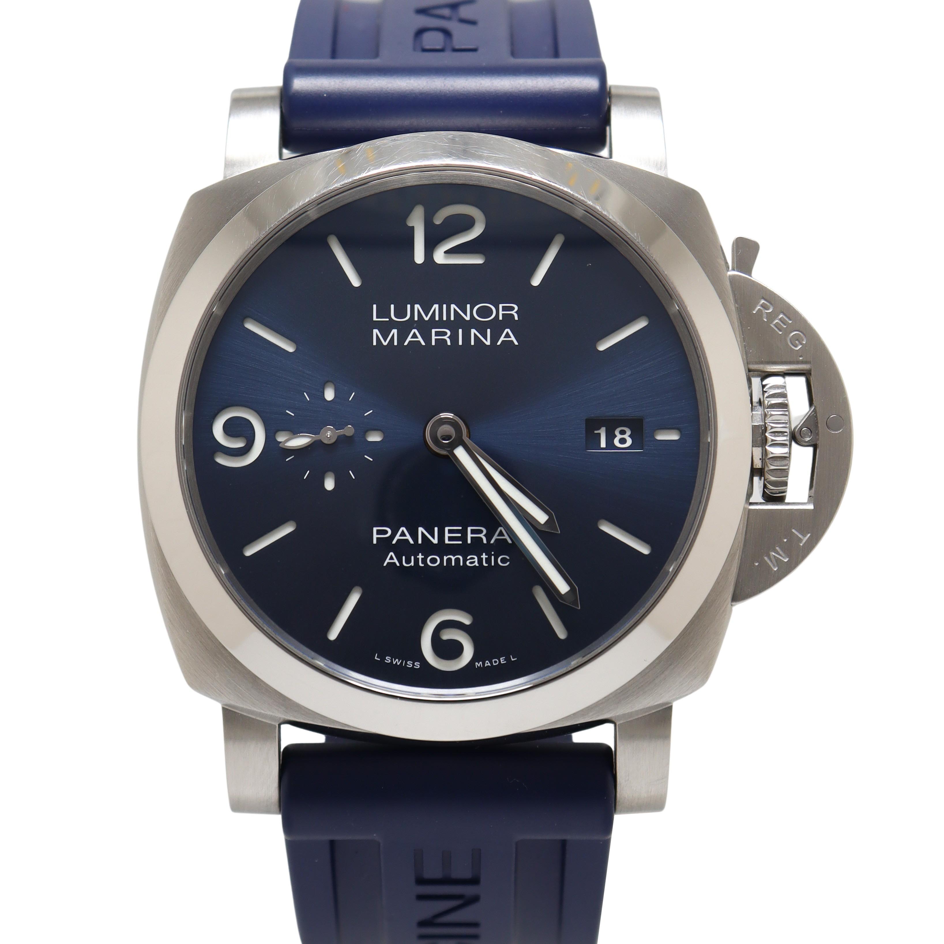 Panerai Luminor Stainless Steel 44mm Blue Stick & Roman Dial Watch Reference#: PAM01313 - Happy Jewelers Fine Jewelry Lifetime Warranty