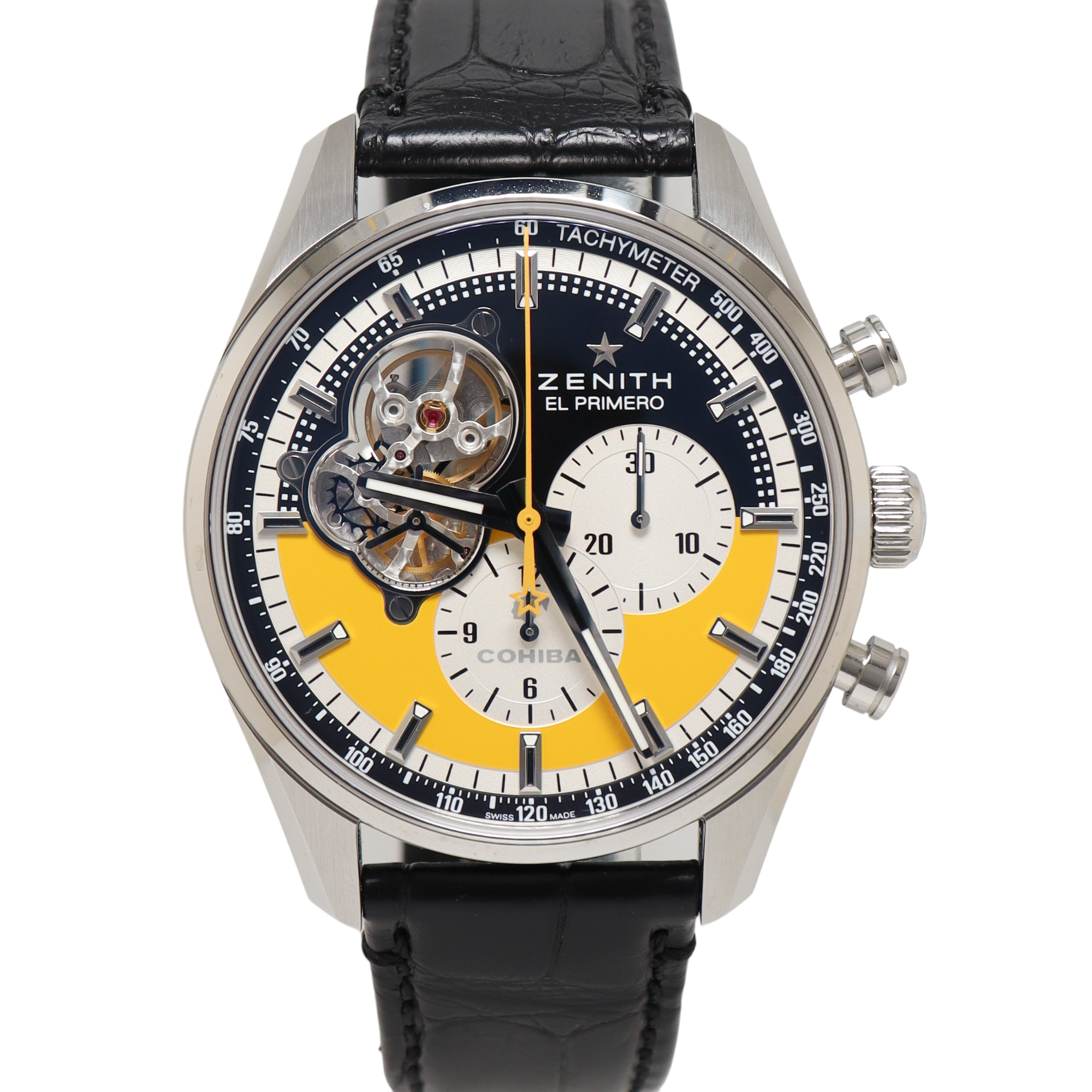 Zenith El Primero Stainless Steel 42mm Black & Yellow Chronograph Dial Watch Reference#: 03.2041.4061 - Happy Jewelers Fine Jewelry Lifetime Warranty