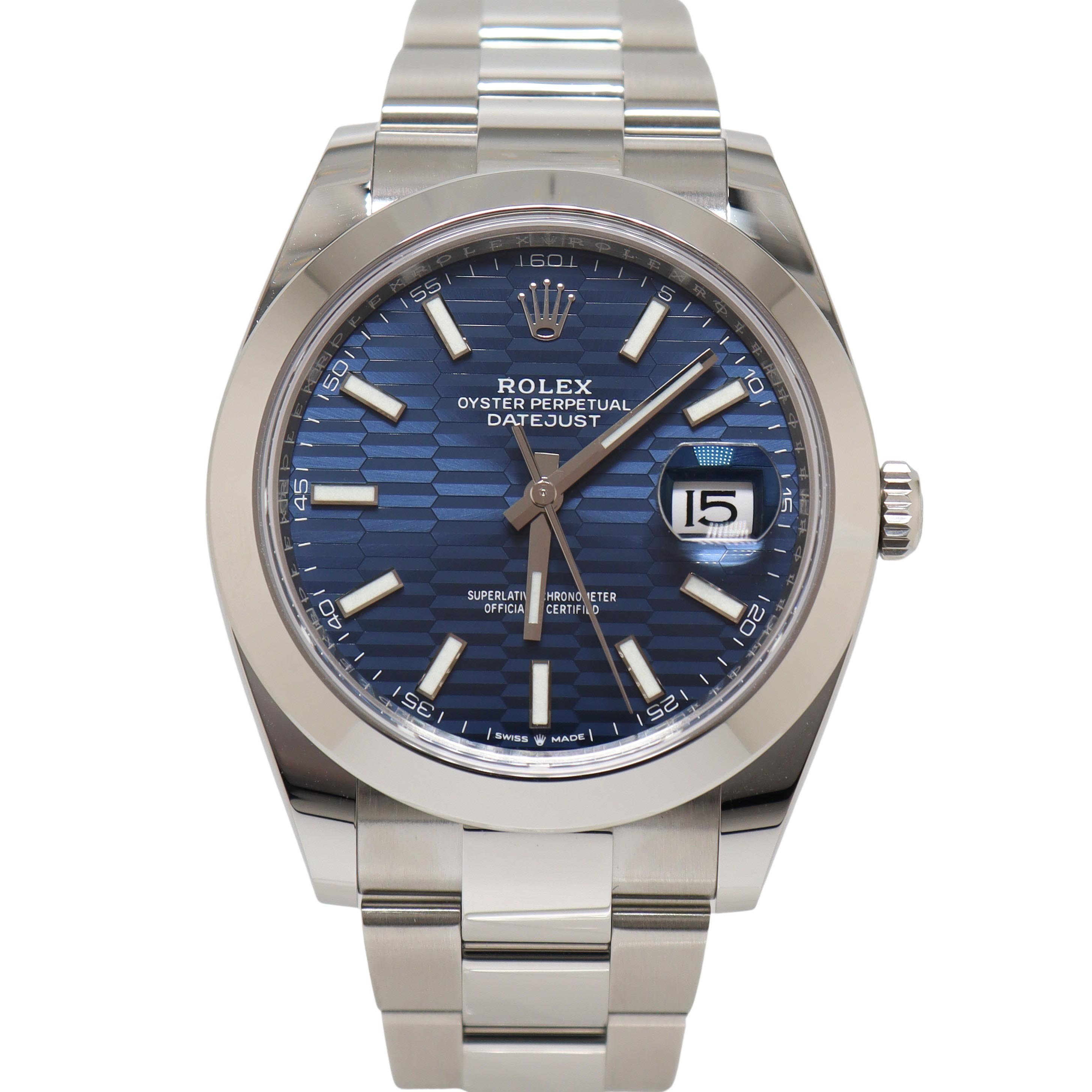 Rolex Datejust Stainless Steel 41 Blue Motif Stick Dial Watch Reference#: 126300 - Happy Jewelers Fine Jewelry Lifetime Warranty