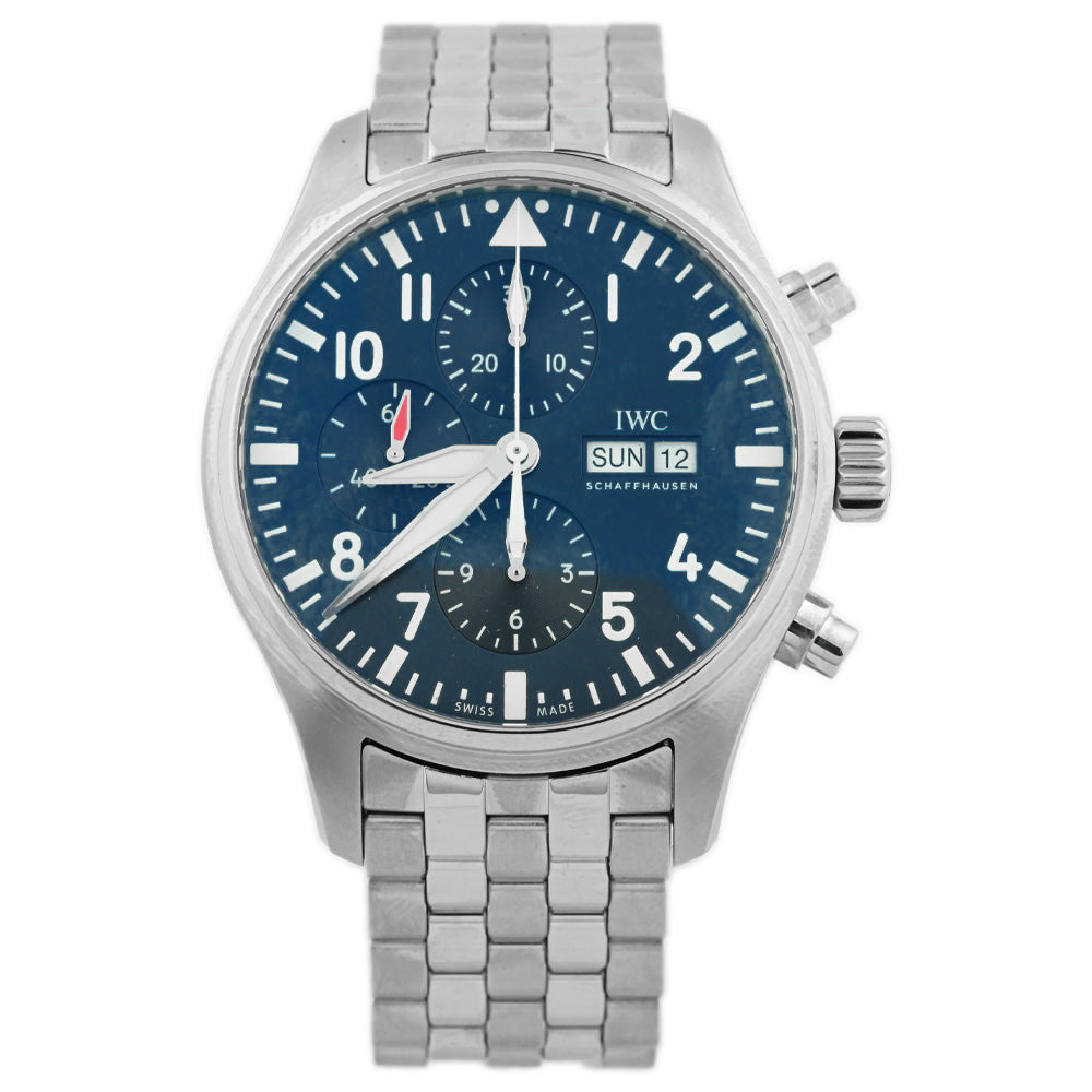 IWC Men's Pilot's Watch Chronograph Edition "Le Petit Prince" Stainless Steel 43mm Midnight Blue Arabic Numeral & Stick Dial Watch Reference #: IW377717 - Happy Jewelers Fine Jewelry Lifetime Warranty
