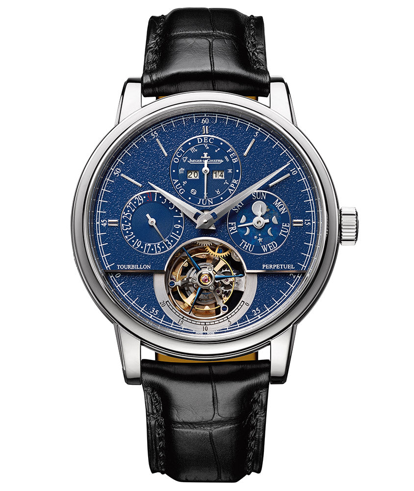 Jaeger LeCoultre Men's Master Grande Tradition Tourbillion White Gold 42mm Blue Grained Perpetual Calendar Moonphase Dial Watch - Happy Jewelers Fine Jewelry Lifetime Warranty