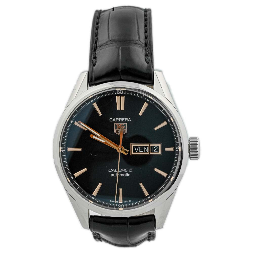 Tag Heuer Men's Carrera Calibre 5 Stainless Steel 41mm Black Rose Gold Stick Dial Watch Reference #: WAR201C.FC6266 - Happy Jewelers Fine Jewelry Lifetime Warranty