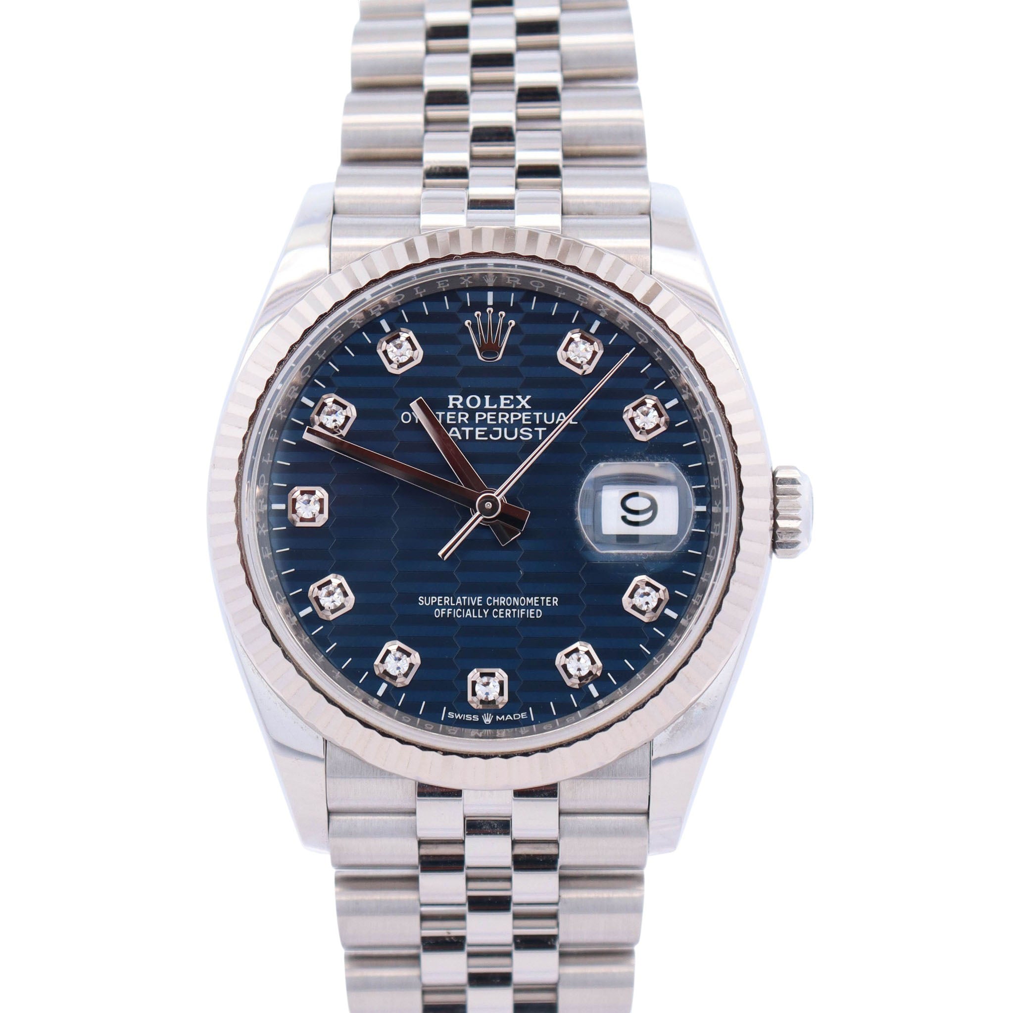 Rolex Datejust 36mm Blue Fluted Motif Diamond Dial Watch Ref# 126234