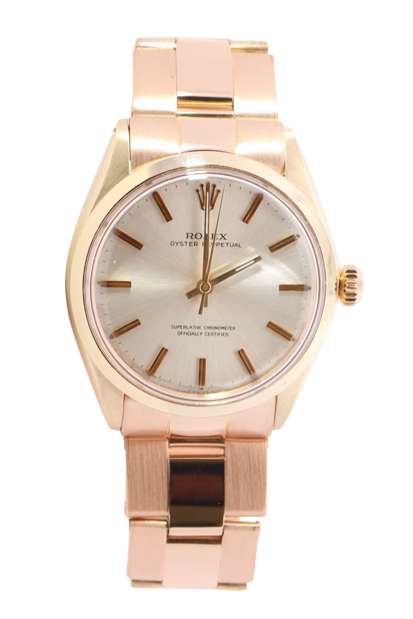 Rolex Oyster Perpetual Yellow Gold 34mm Silver Stick Dial Watch Reference #: 1005 - Happy Jewelers Fine Jewelry Lifetime Warranty