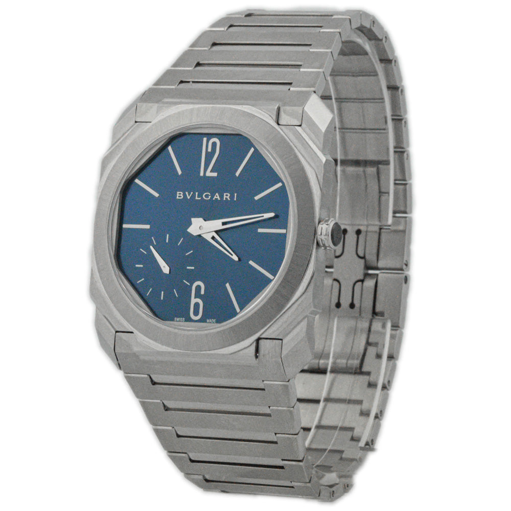 Bvlgari Octo Finissimo Stainless Steel 40mm Blue Stick & Arabic Dial Watch Reference #: 103431 - Happy Jewelers Fine Jewelry Lifetime Warranty
