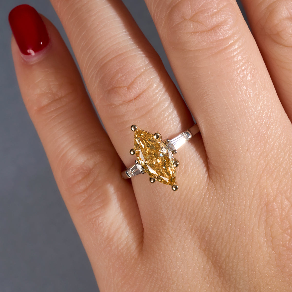2.57 Marquise Yellow Lab Diamond Three Stone Engagement Ring