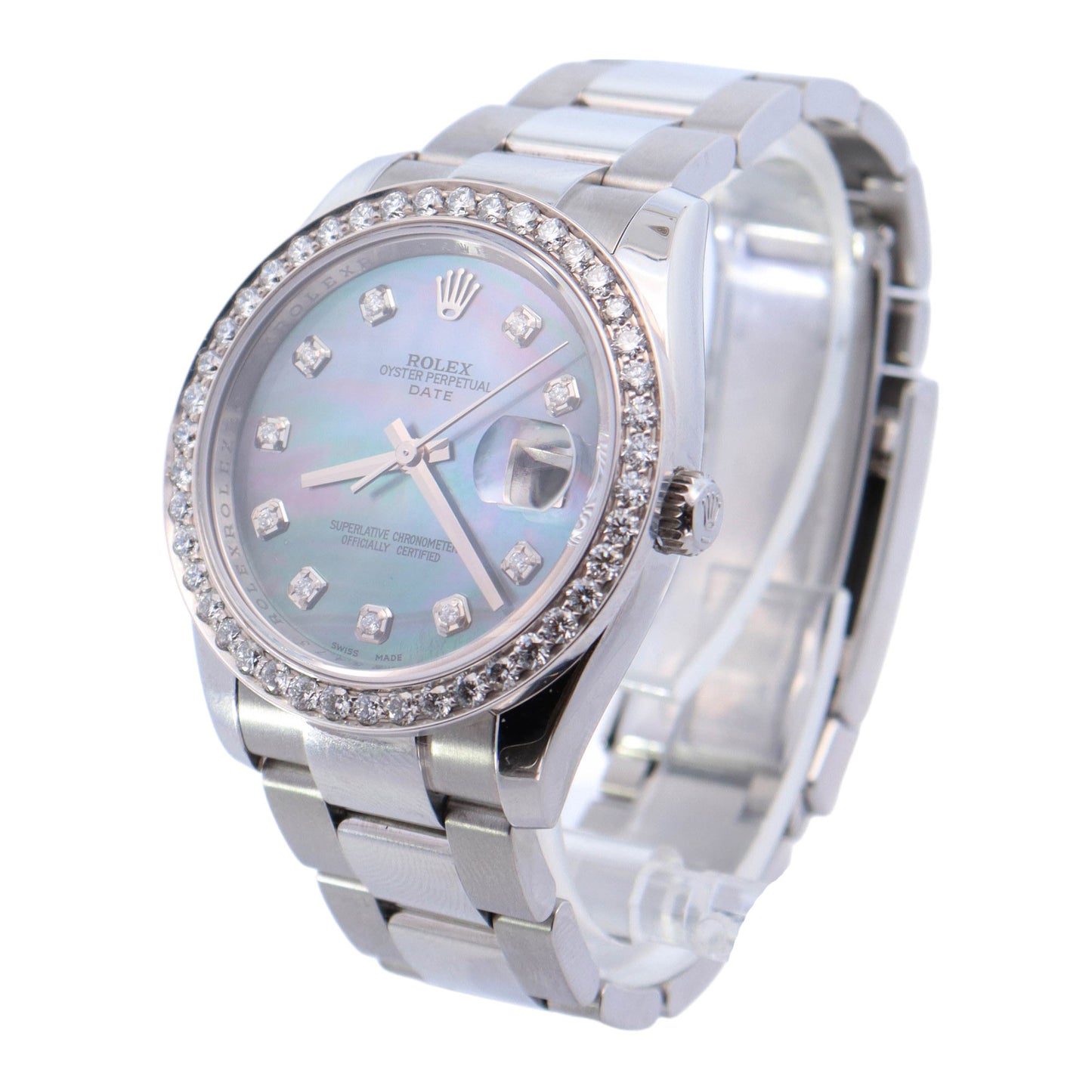 Rolex Oyster Perpetual Date Stainless Steel 34mm Custom Dark MOP Diamond Dial Watch Reference# 115200 - Happy Jewelers Fine Jewelry Lifetime Warranty
