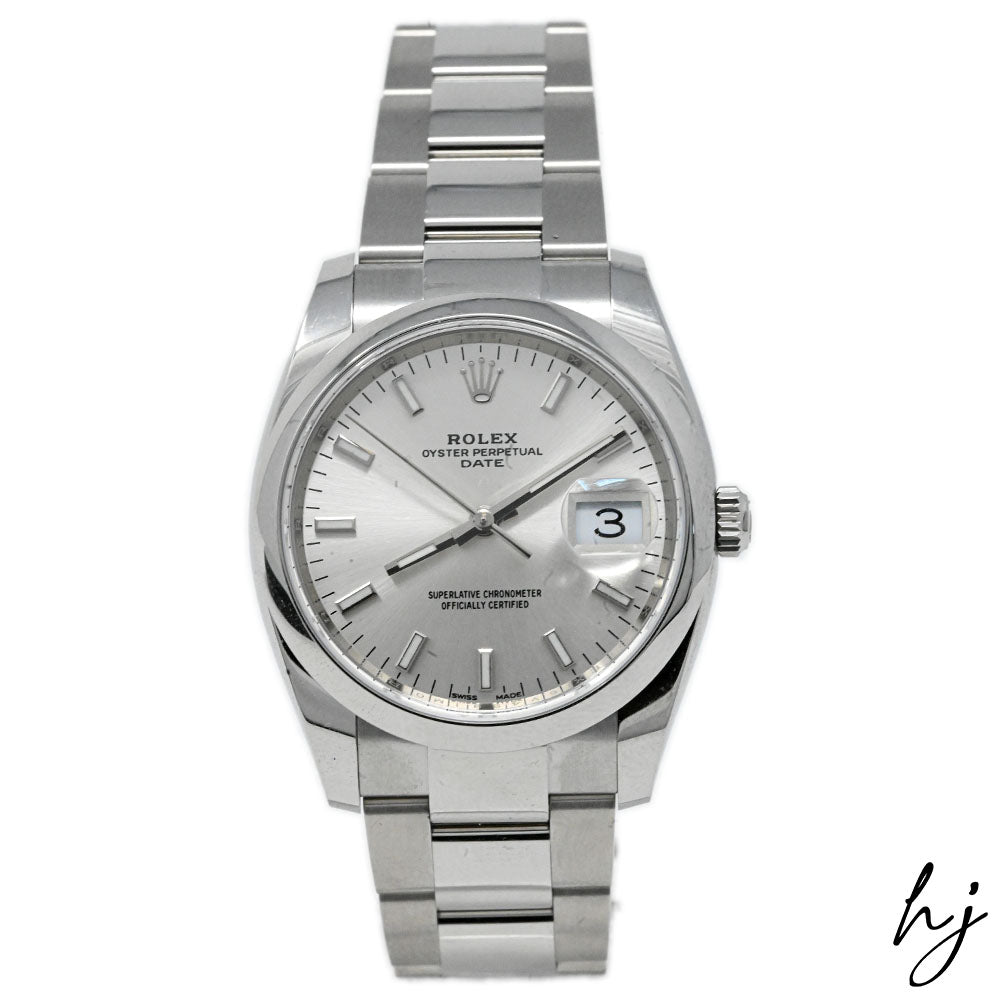 Rolex Oyster Perpetual Date Stainless Steel 36mm Silver Stick Dial Watch Reference#: 115200 - Happy Jewelers Fine Jewelry Lifetime Warranty