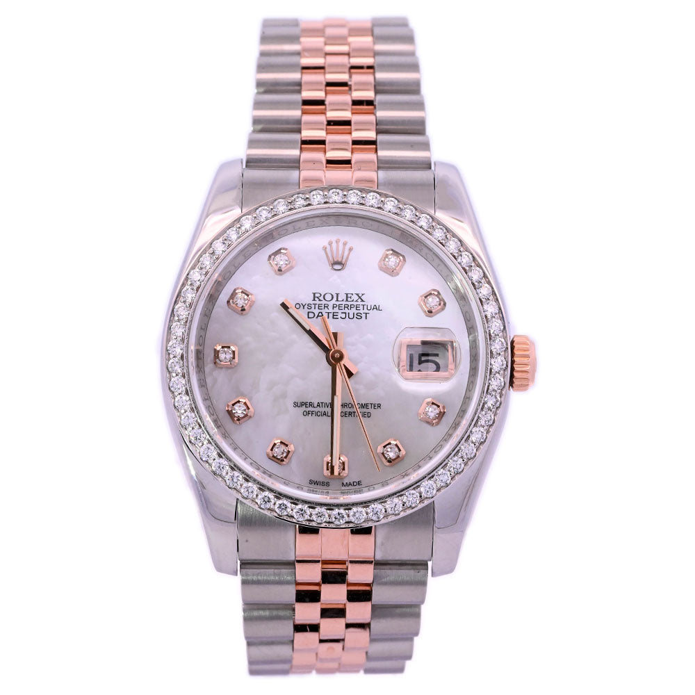 Rolex Datejust Two Tone Rose Gold & Steel 36mm Custom White MOP Diamond Dial Watch Reference# 116231 - Happy Jewelers Fine Jewelry Lifetime Warranty