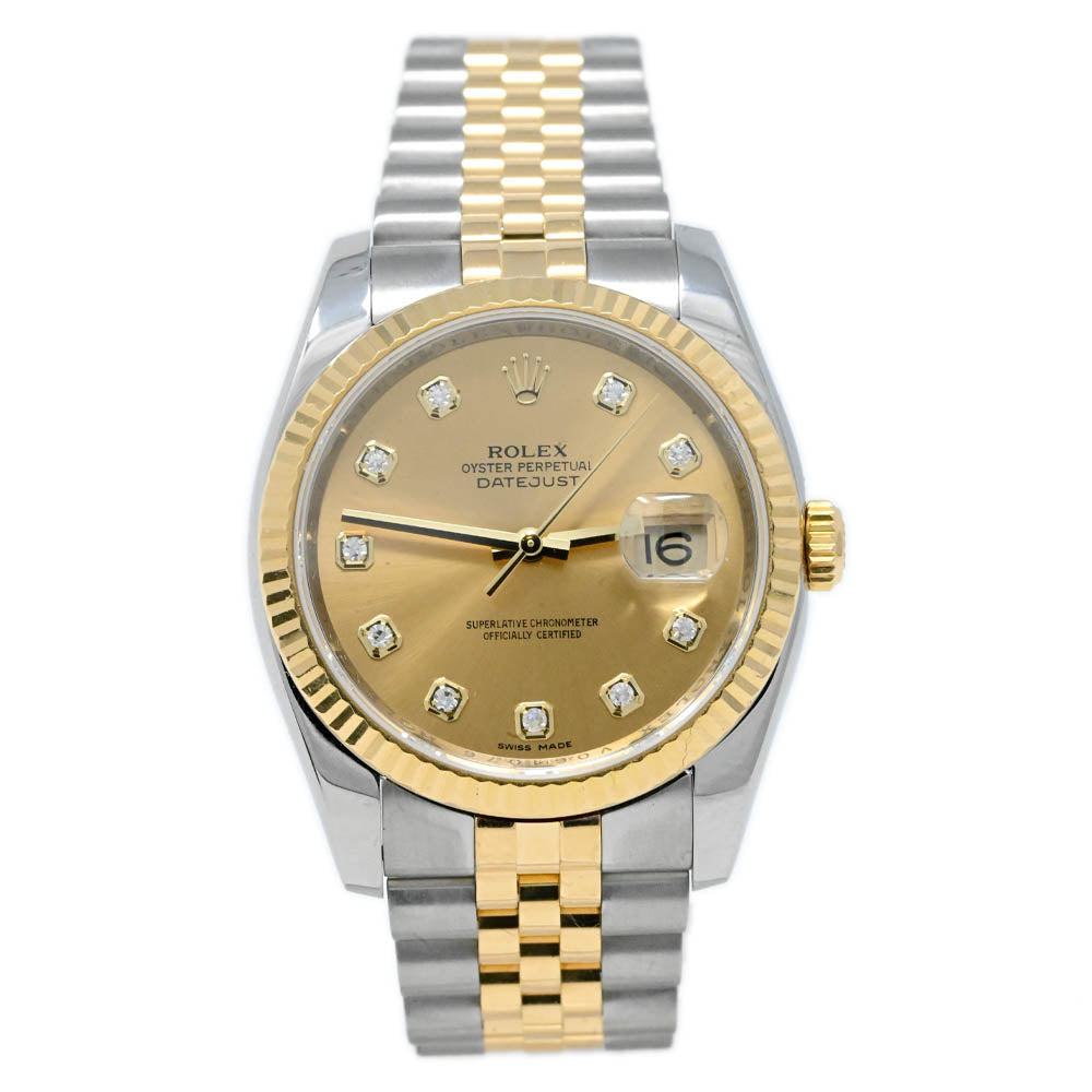 Rolex Datejust Two Tone Yellow Gold & Steel 36mm Champagne Diamond Dial Watch Reference #: 116233 - Happy Jewelers Fine Jewelry Lifetime Warranty