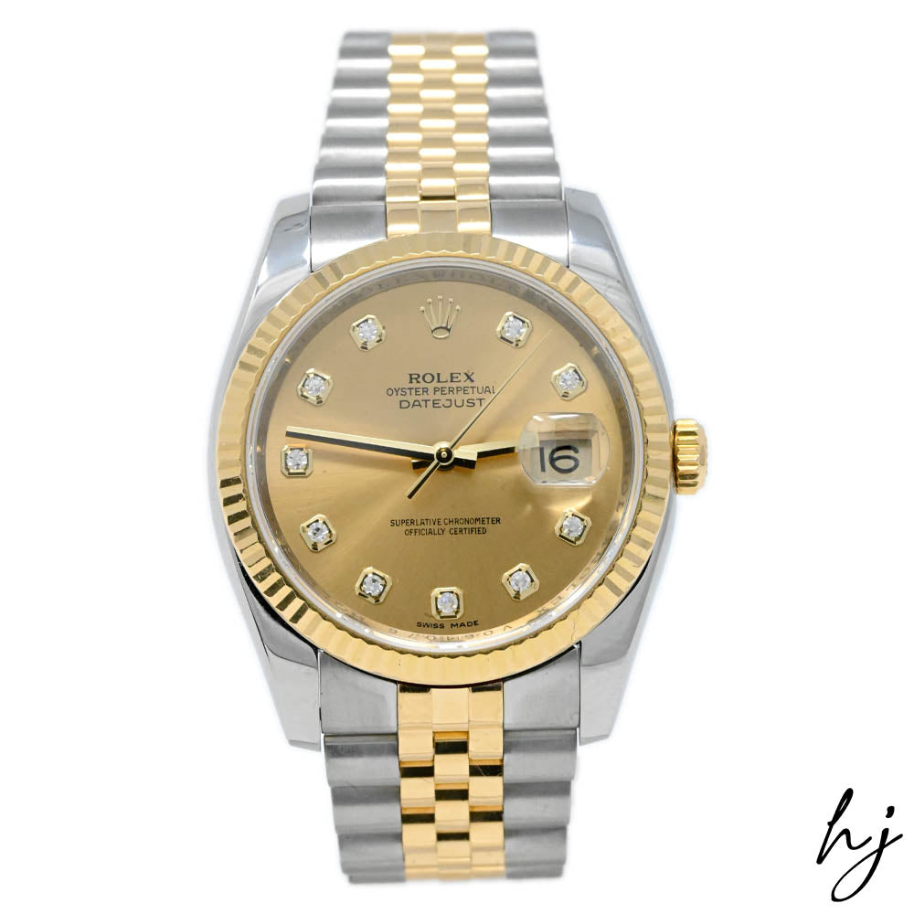 Rolex Datejust Two Tone Yellow Gold & Steel 36mm Factory Champagne Diamond Dial Watch Reference#: 116233 - Happy Jewelers Fine Jewelry Lifetime Warranty