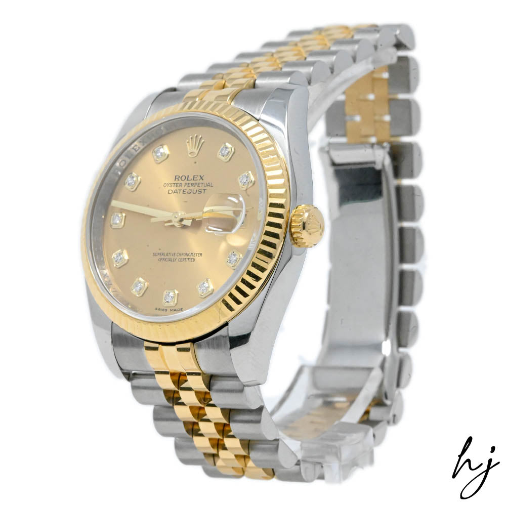 Rolex Datejust Two Tone Yellow Gold & Steel 36mm Factory Champagne Diamond Dial Watch Reference#: 116233 - Happy Jewelers Fine Jewelry Lifetime Warranty