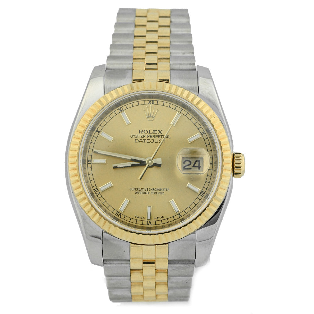 Rolex Datejust Two-Tone Stainless Steel & Yellow Gold 36mm Champagne Stick Dial Watch Reference #: 116233 - Happy Jewelers Fine Jewelry Lifetime Warranty