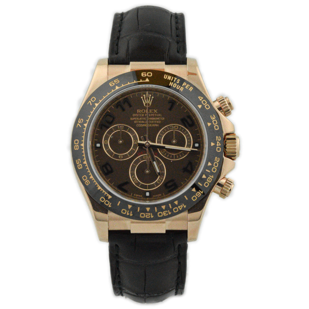 Rolex Men's Daytona 18K Rose Gold 40mm Chocolate Arabic Dial Watch Reference #: 116515LN - Happy Jewelers Fine Jewelry Lifetime Warranty