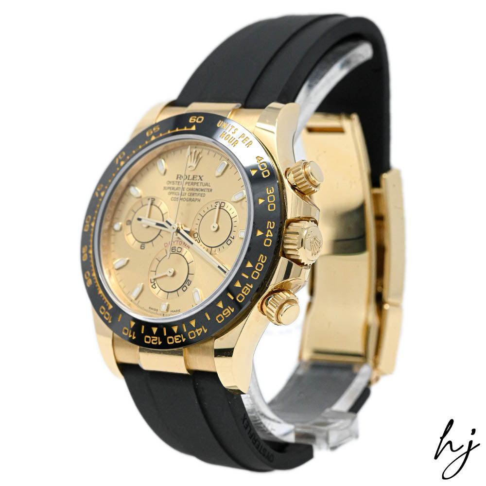 Rolex Unisex Daytona 18K Yellow Gold 40mm Champagne Stick Dial Watch Reference #: 116518 - Happy Jewelers Fine Jewelry Lifetime Warranty