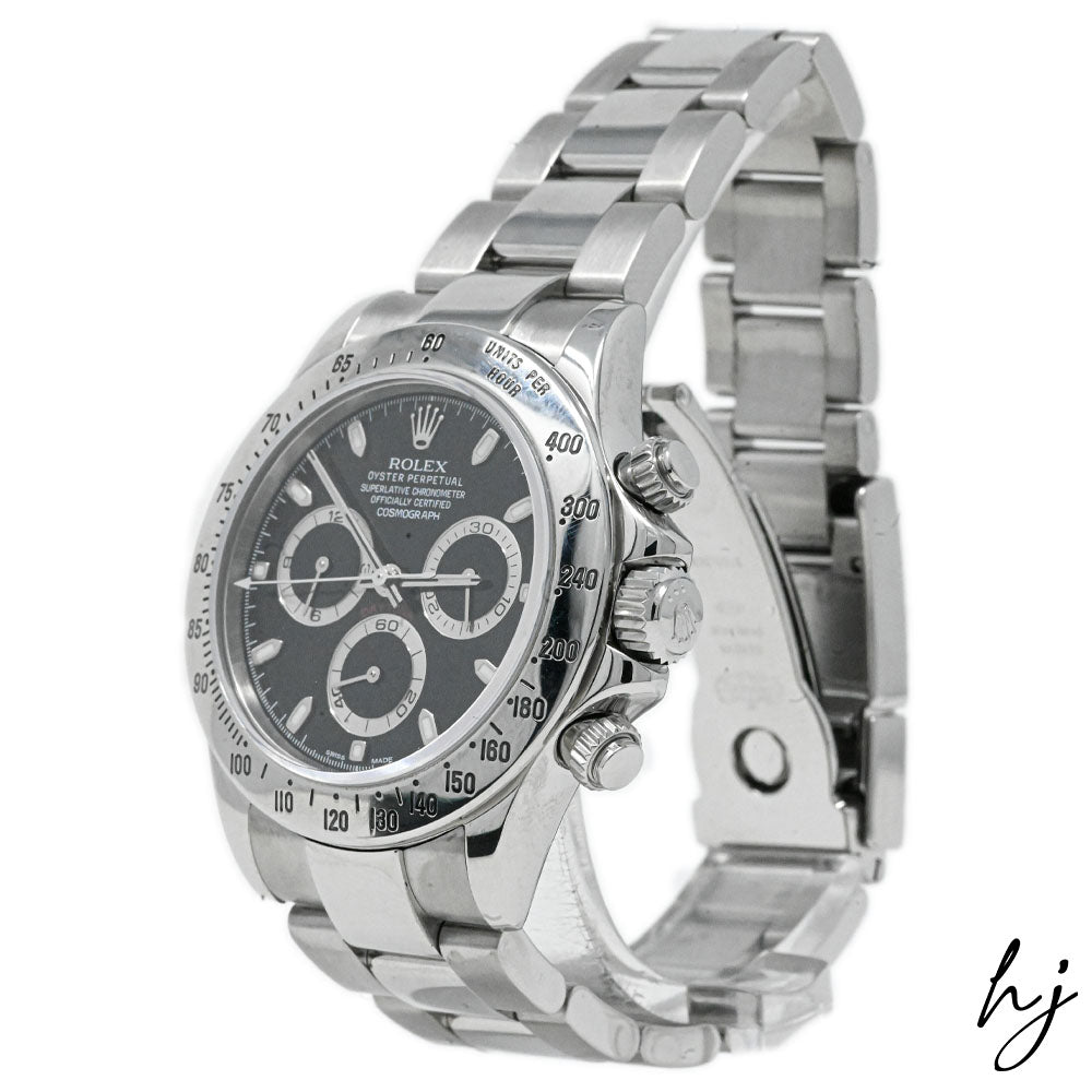 Rolex Men's Daytona Stainless Steel 40mm Black Stick Dial Watch Reference #: 116520 - Happy Jewelers Fine Jewelry Lifetime Warranty