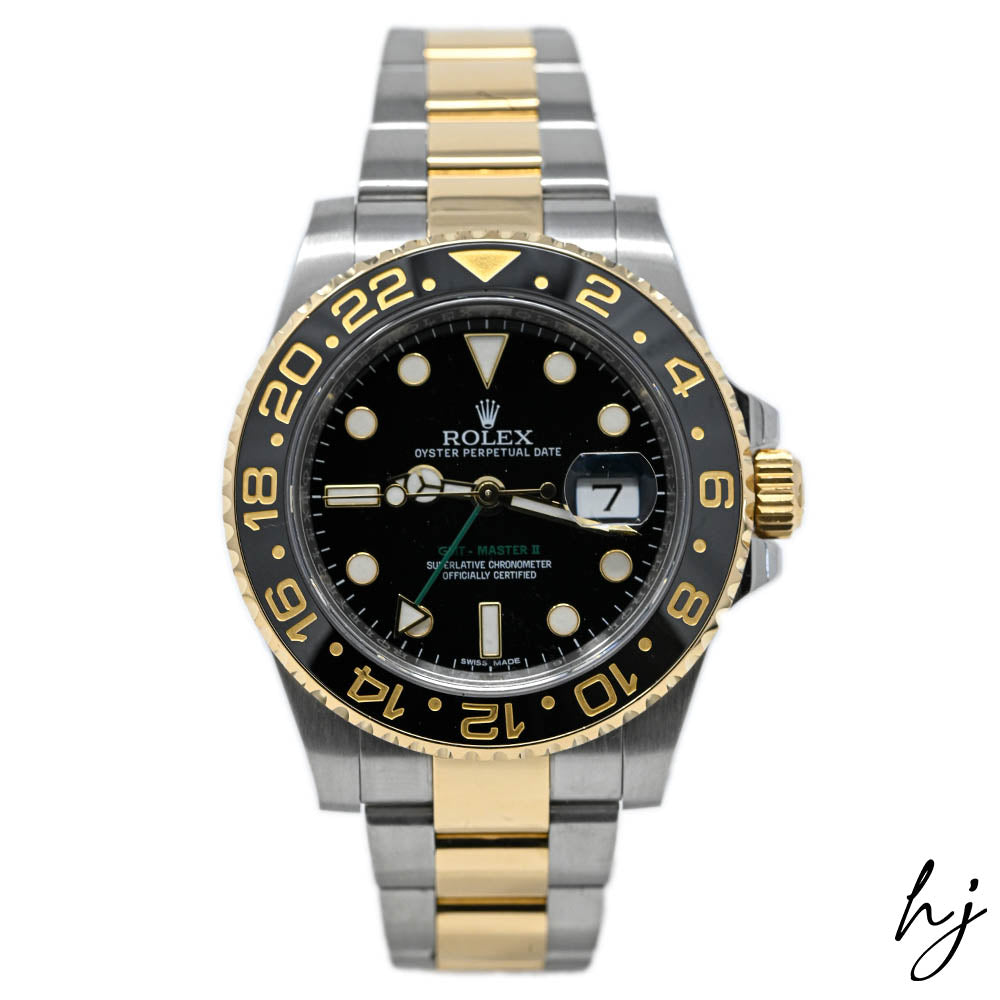 Rolex GMT Master II II Yellow Gold 40mm Black Dot Dial Watch Reference# 116713 - Happy Jewelers Fine Jewelry Lifetime Warranty