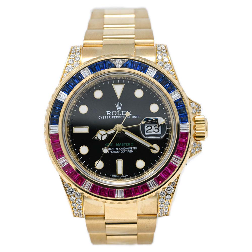 Rolex GMT-Master II Yellow Gold Black Dot Dial Watch Reference# 116758SARU - Happy Jewelers Fine Jewelry Lifetime Warranty