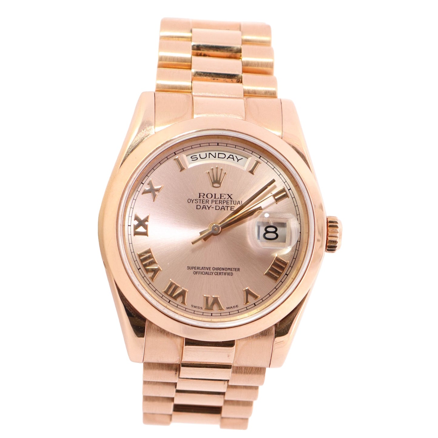 Rolex Day-Date Rose Gold 36mm Pink Sundust Roman Dial Watch Reference #: 118235 - Happy Jewelers Fine Jewelry Lifetime Warranty