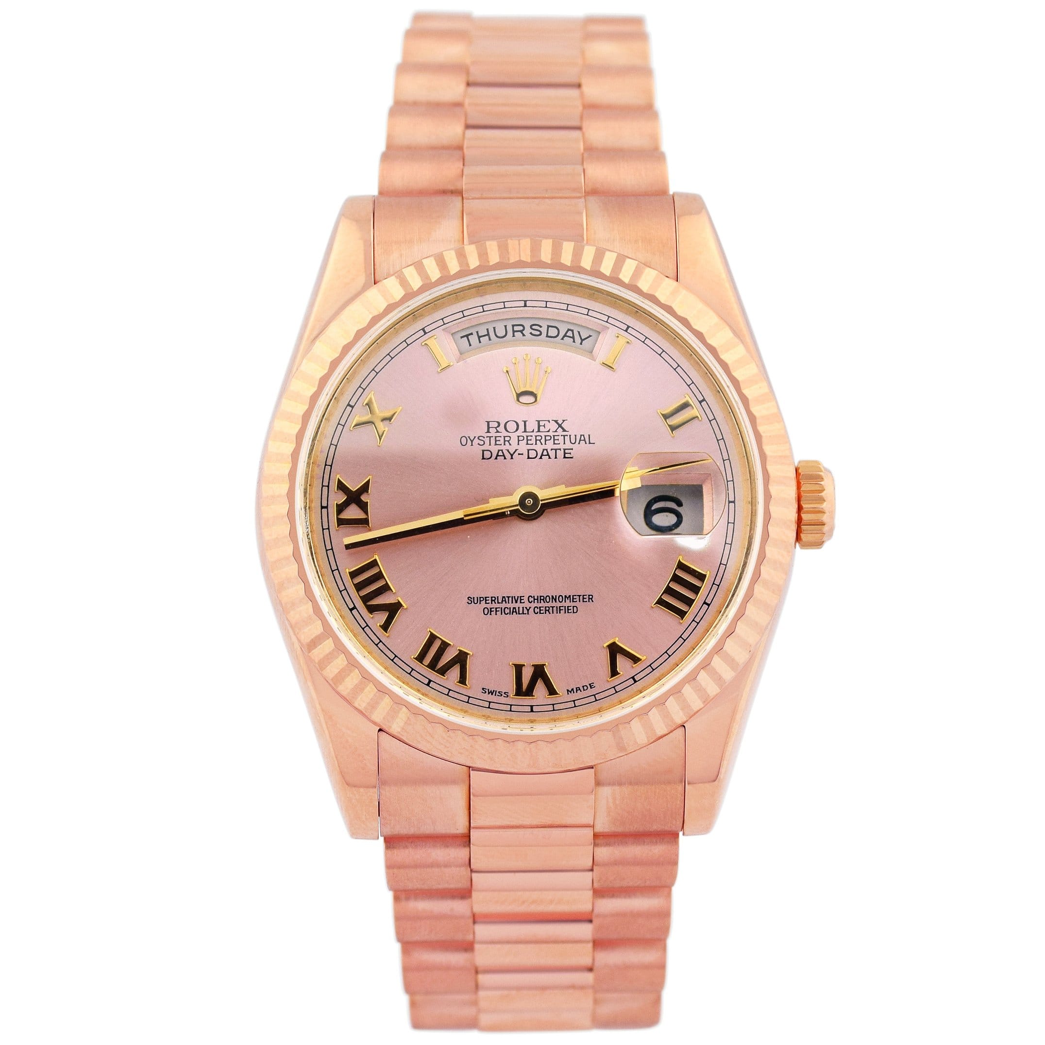 Rolex Day-Date Rose Gold 36mm Sundust Roman Dial Watch Reference #: 118235 - Happy Jewelers Fine Jewelry Lifetime Warranty