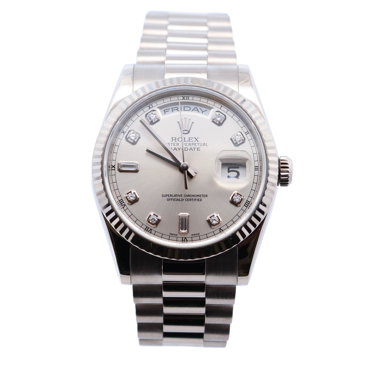 Rolex Day-Date White Gold 36mm Silver Diamond Dial Watch Reference #118239 - Happy Jewelers Fine Jewelry Lifetime Warranty