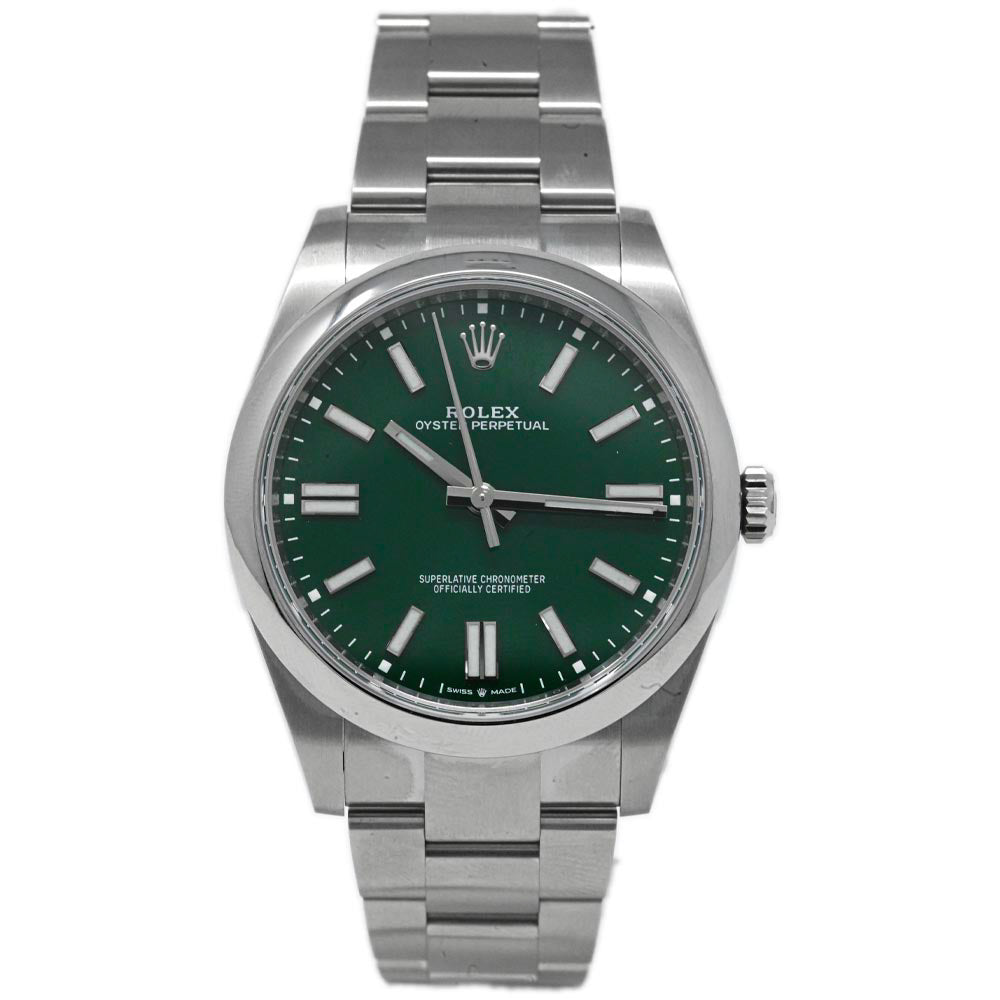 Rolex Men's Oyster Perpetual Stainless Steel 41mm Green Stick Dial Watch Reference #: 124300 - Happy Jewelers Fine Jewelry Lifetime Warranty