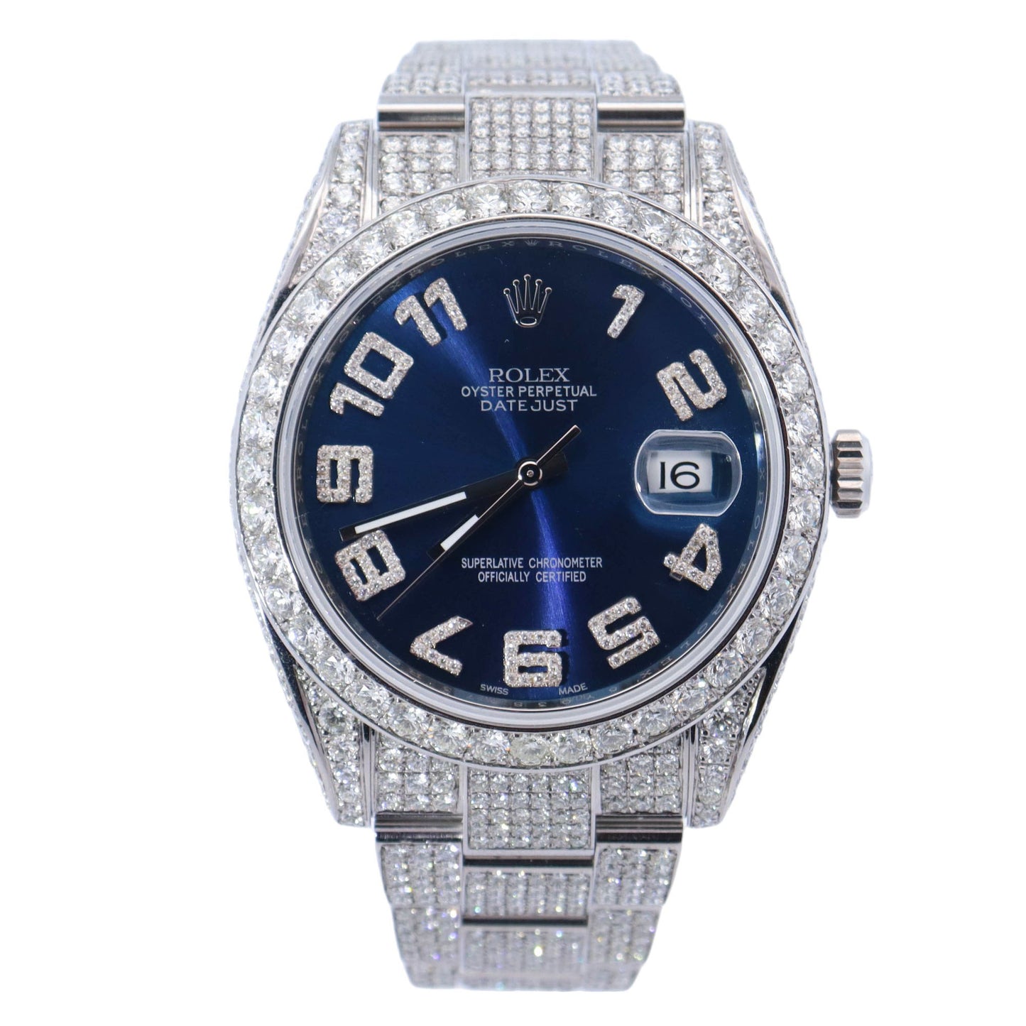 Rolex Datejust Stainless Steel 41mm Custom Iced Out Blue Diamond Arabic Dial Watch Reference# 126300 - Happy Jewelers Fine Jewelry Lifetime Warranty