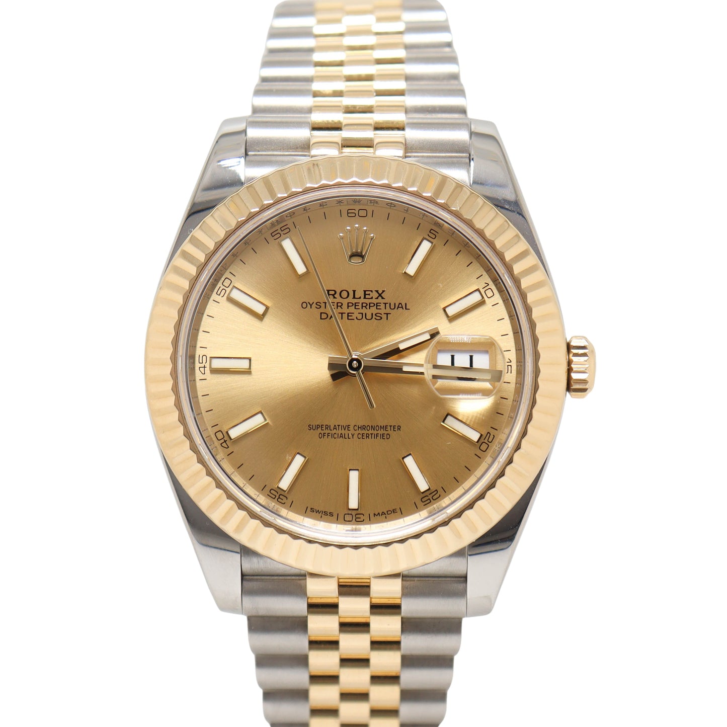 Rolex Datejust Two tone Stainless Steel and Yellow Gold 41mm Champagne Stick Dial Watch Reference #: 126333 - Happy Jewelers Fine Jewelry Lifetime Warranty