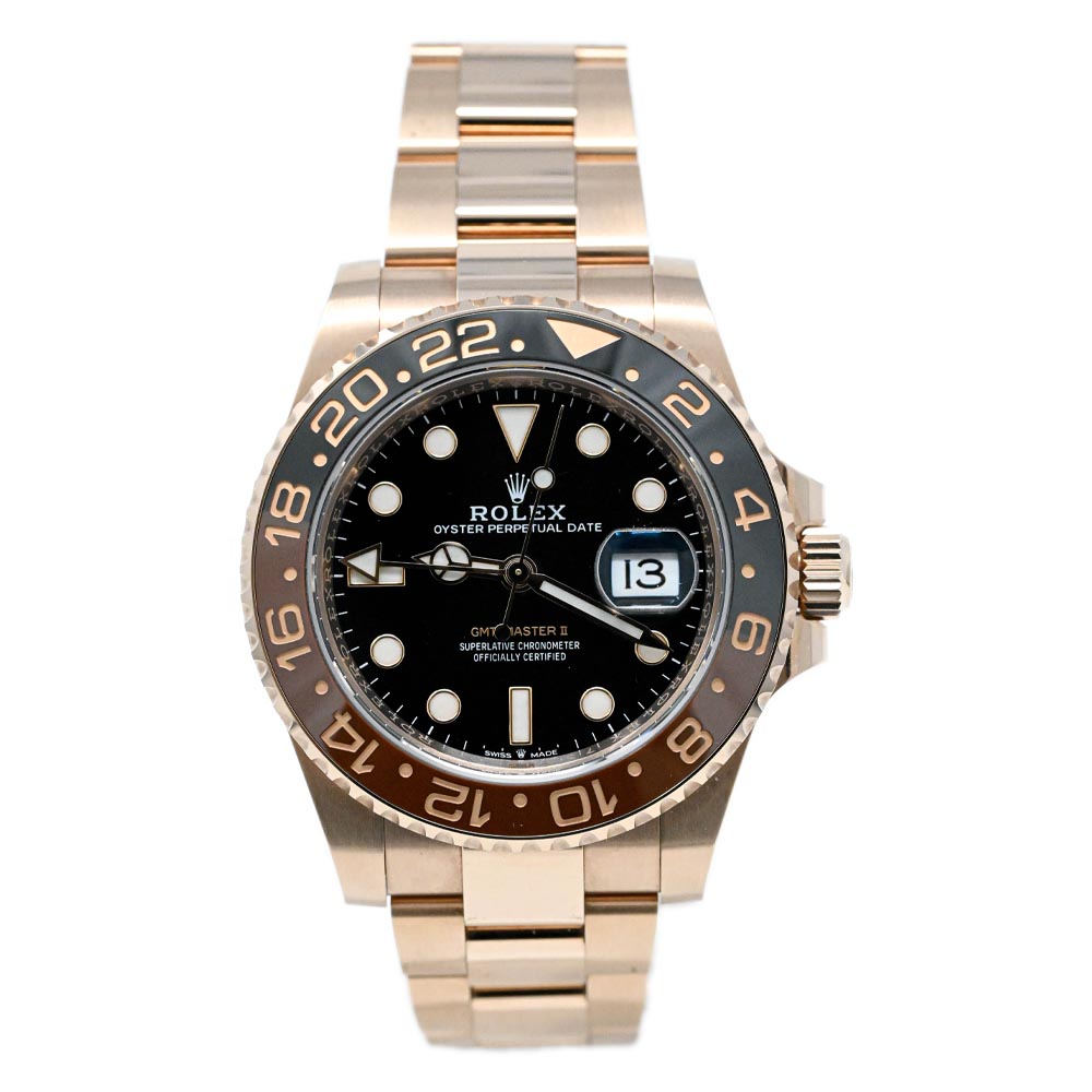 Rolex GMT Master II "Root Beer" Everose Gold Black Dot Dial Watch Reference# 126715CHNR - Happy Jewelers Fine Jewelry Lifetime Warranty