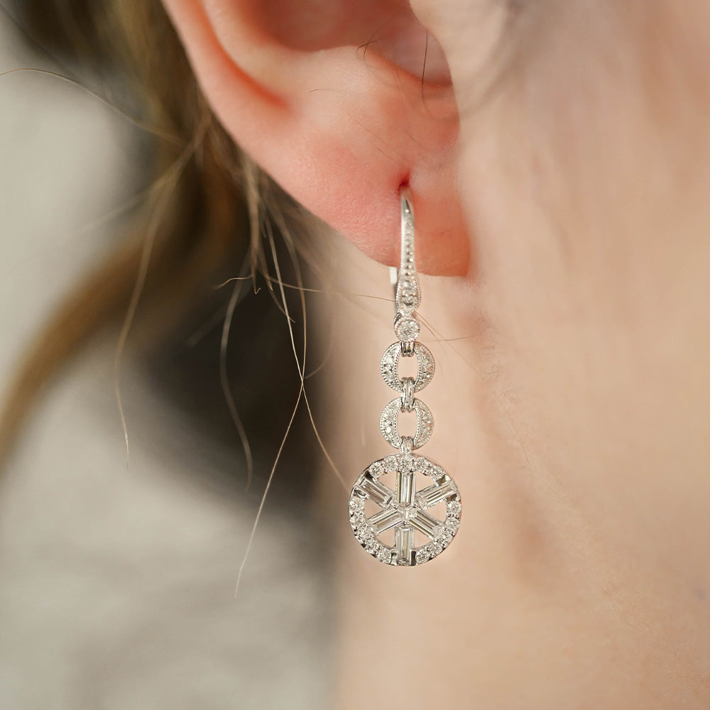 Load image into Gallery viewer, Baguette and Round Diamond Dangle Earrings - Happy Jewelers Fine Jewelry Lifetime Warranty
