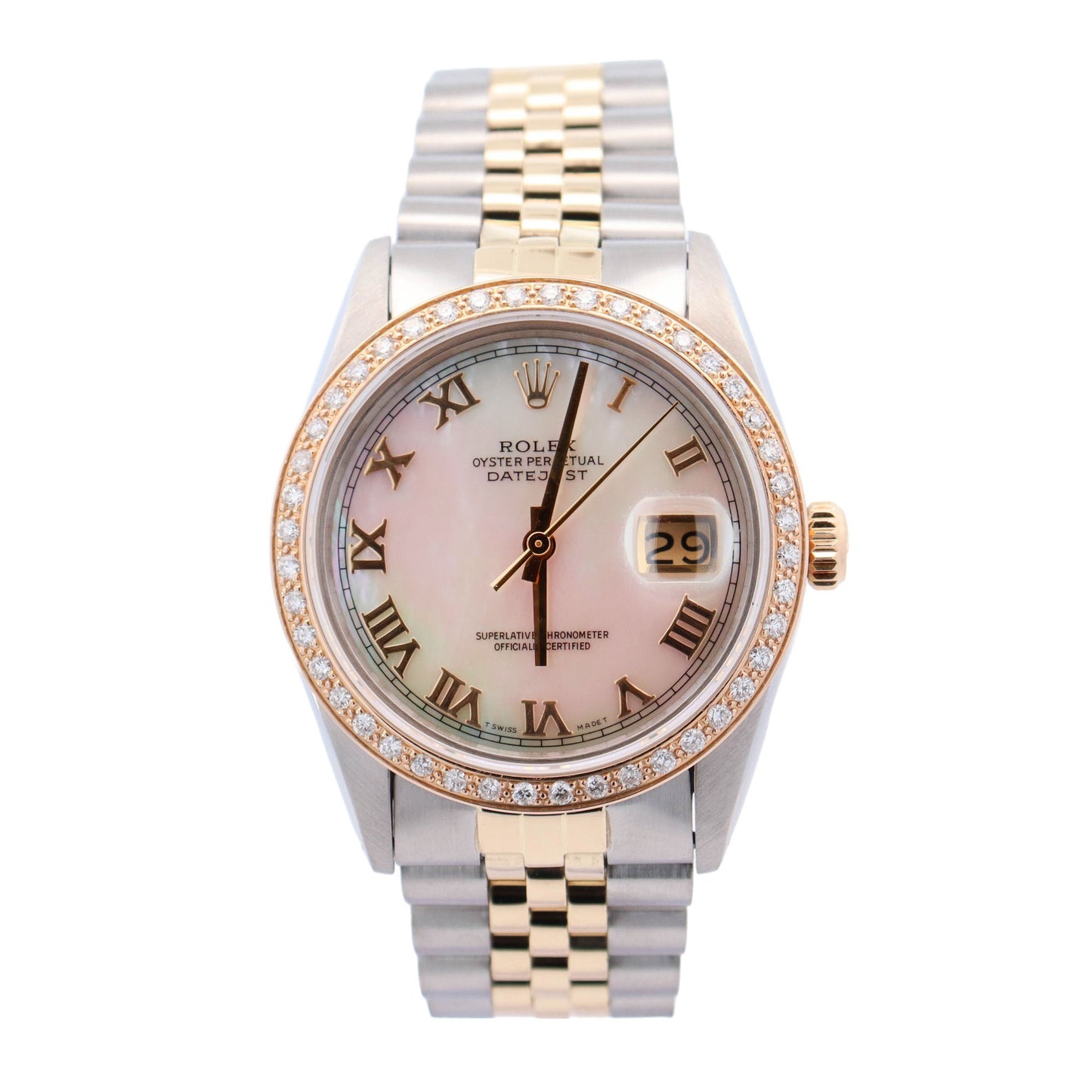 Rolex Datejust Yellow Gold & Stainless Steel Custom White MOP Roman Dial Watch Reference# 16013