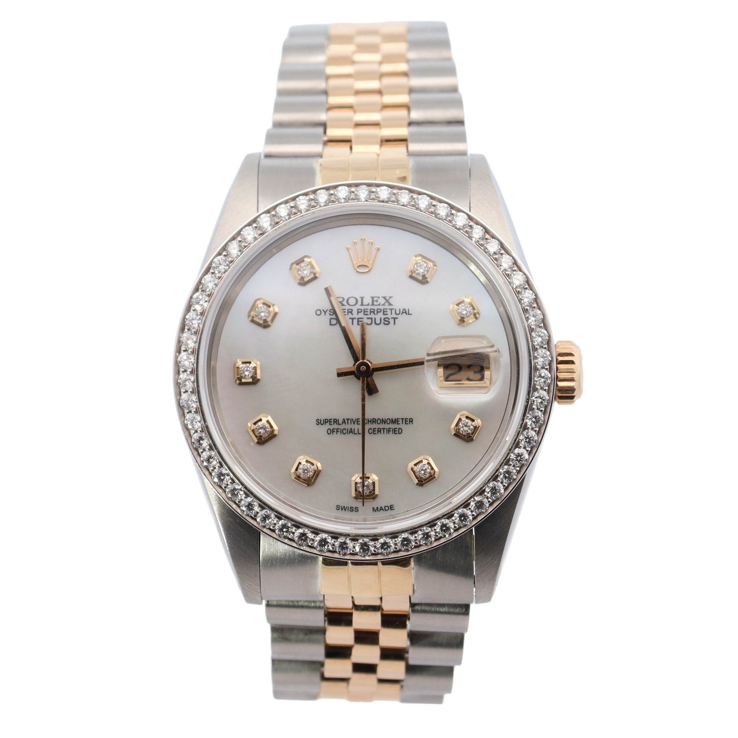 Rolex Datejust Yellow Gold & Stainless 36mm Custom White MOP Diamond Dial Watch Reference# 16013