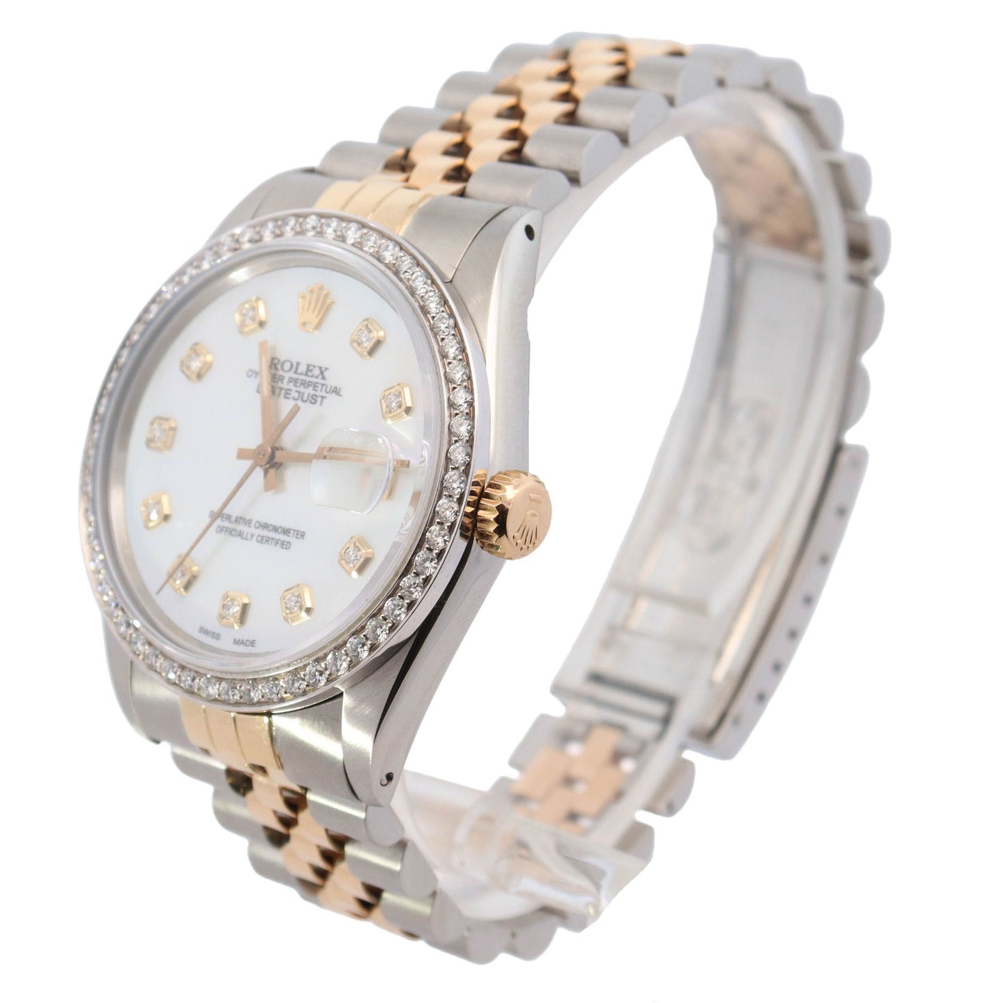 Rolex Datejust Yellow Gold & Stainless 36mm Custom White MOP Diamond Dial Watch Reference# 16013