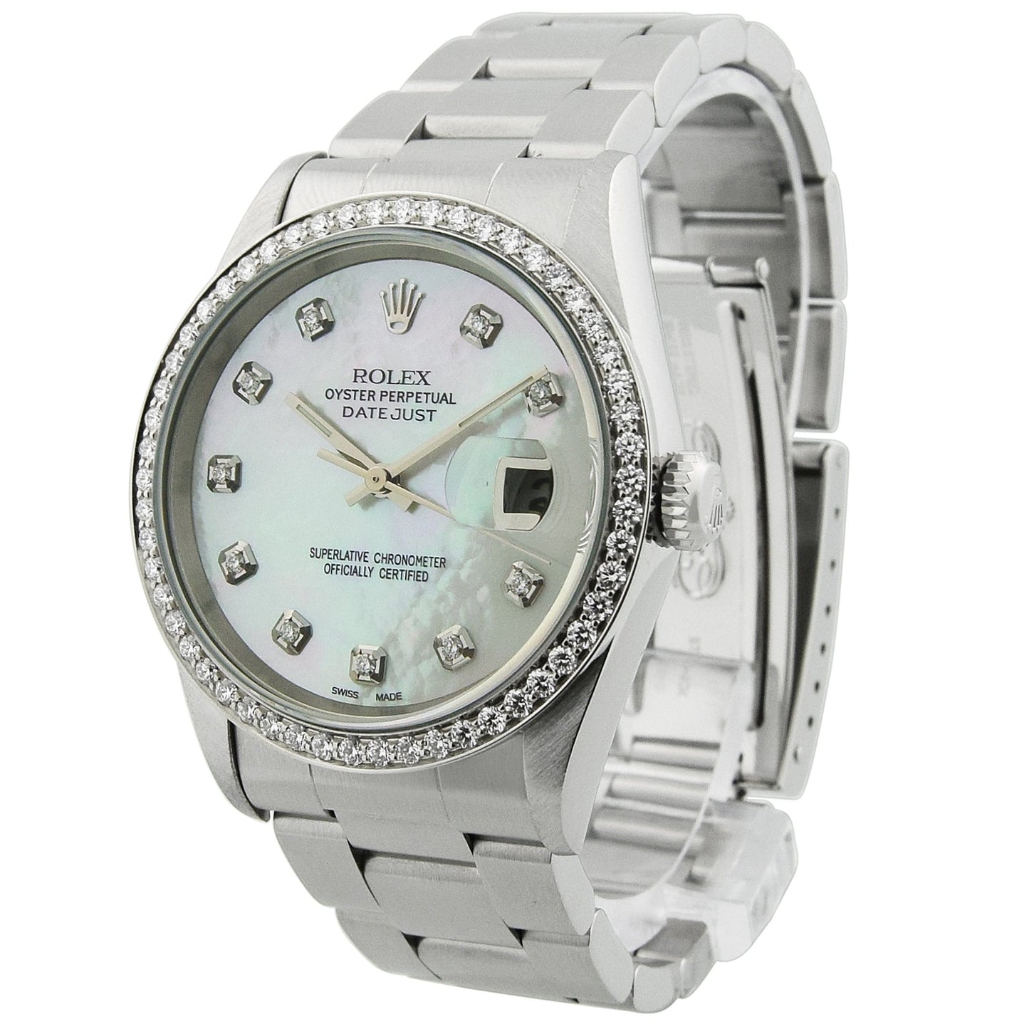 Rolex Datejust Stainless Steel 36mm Custom White MOP Diamond Dial Watch Reference# 16200 - Happy Jewelers Fine Jewelry Lifetime Warranty