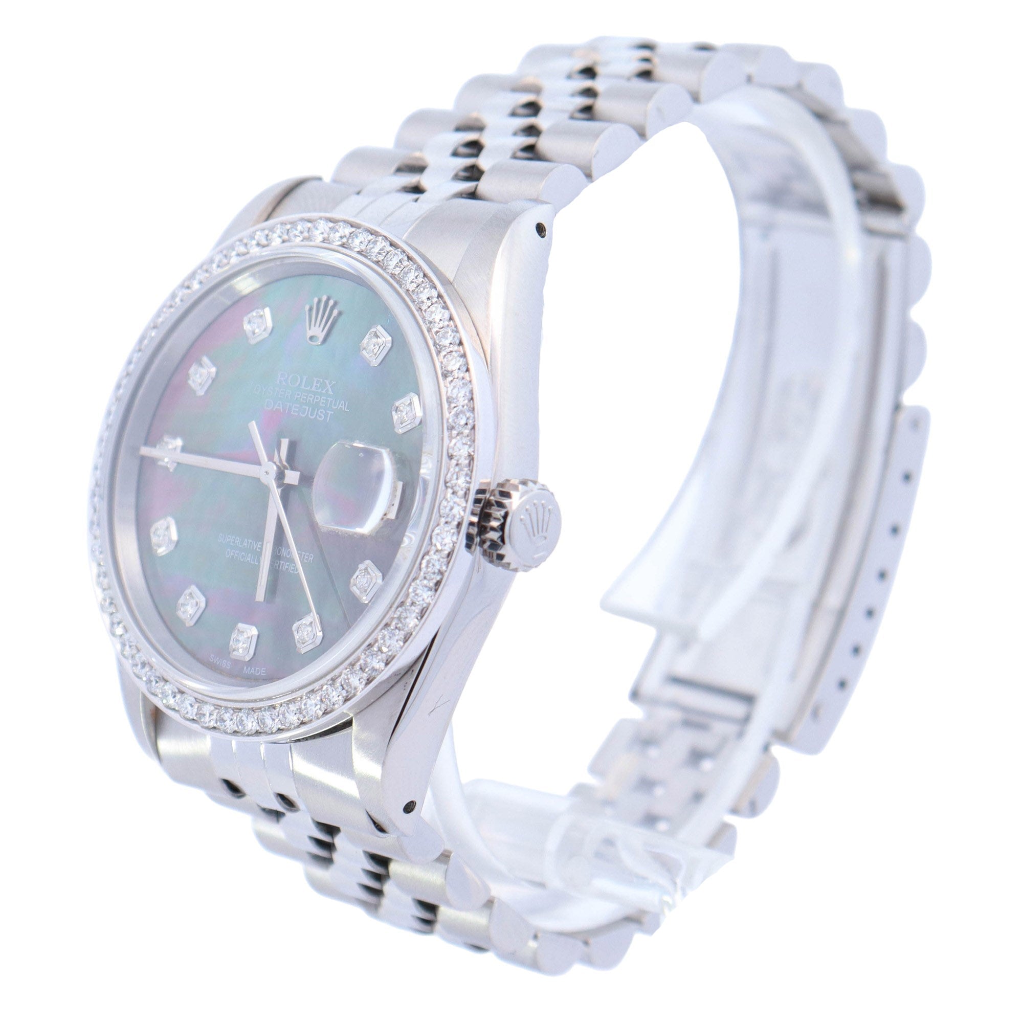 Rolex Datejust Stainless Steel 36mm Dark MOP Diamond Dial Watch Reference# 16220 - Happy Jewelers Fine Jewelry Lifetime Warranty