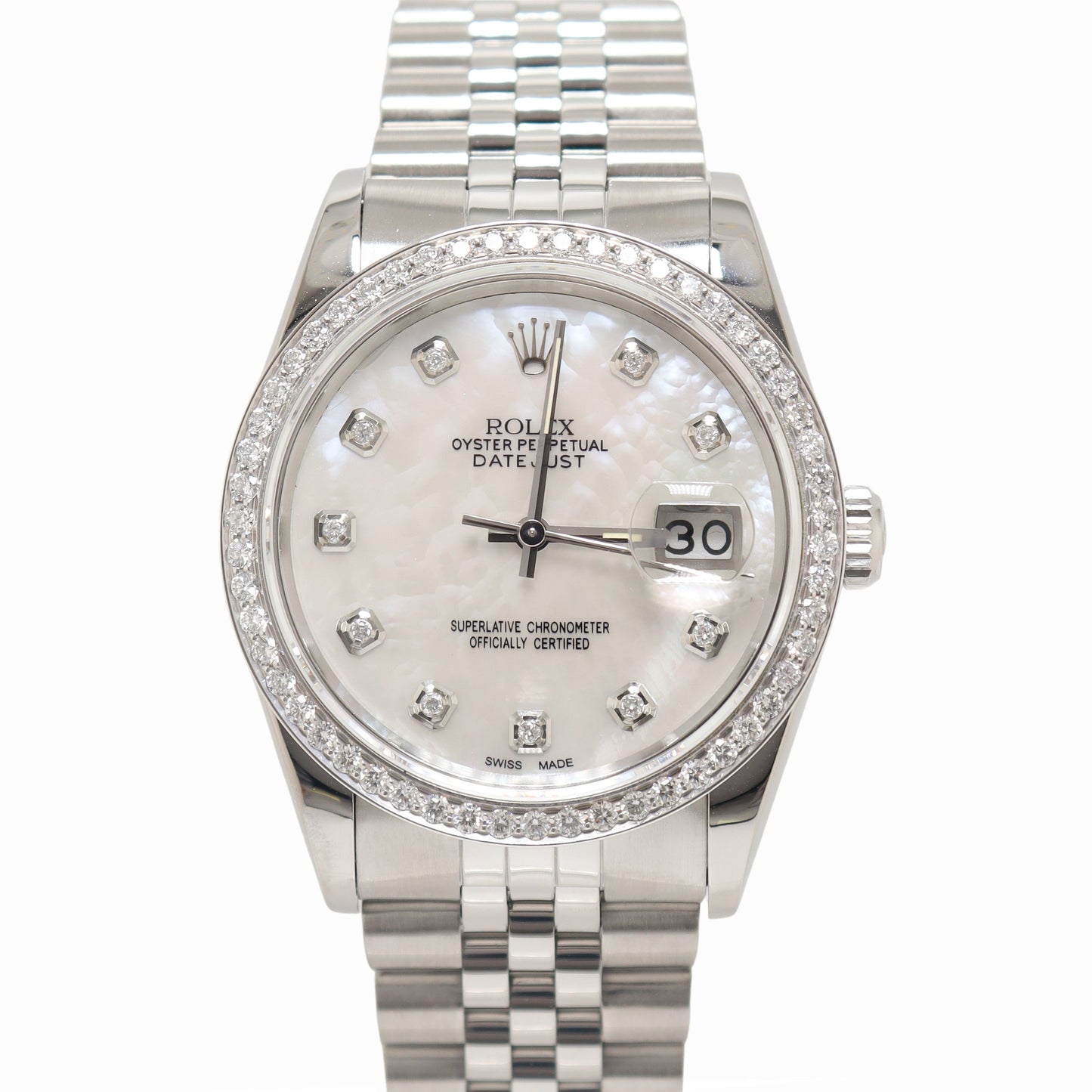 Rolex Datejust Stainless Steel 36mm Custom White MOP Diamond Dial Watch Reference# 16234