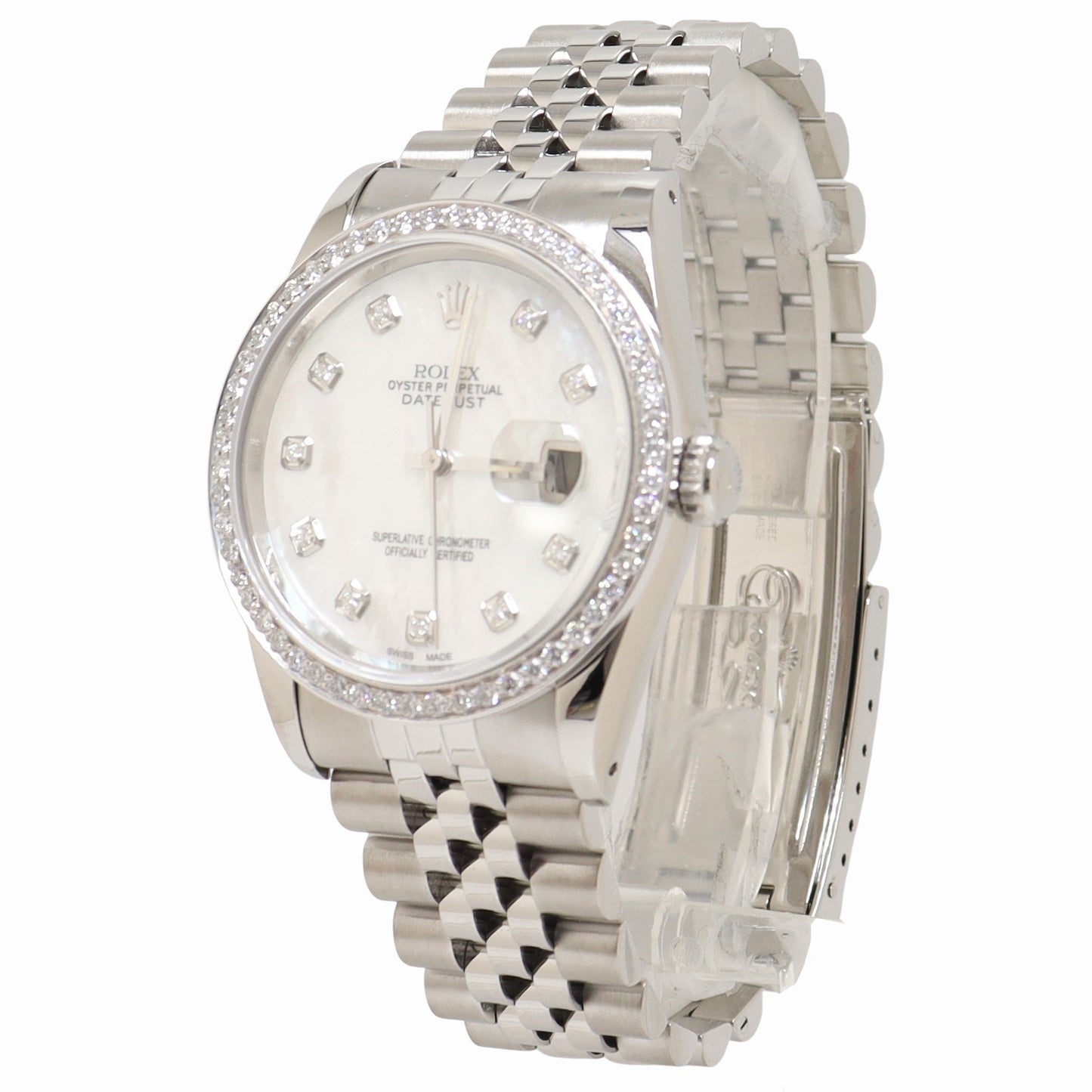 Rolex Datejust Stainless Steel 36mm Custom White MOP Diamond Dial Watch Reference# 16234