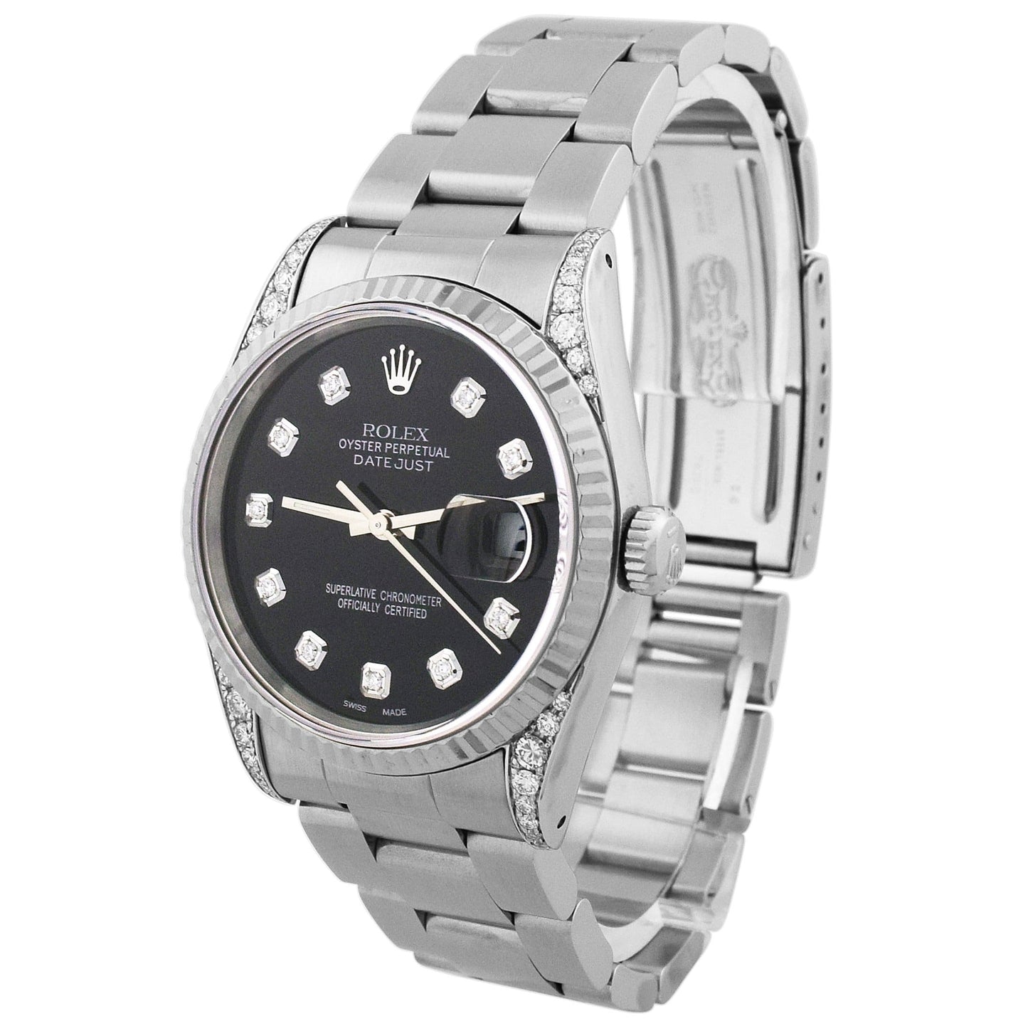 Rolex Unisex Datejust Stainless Steel 36mm Black Diamond Dot Dial Watch Reference #: 16264