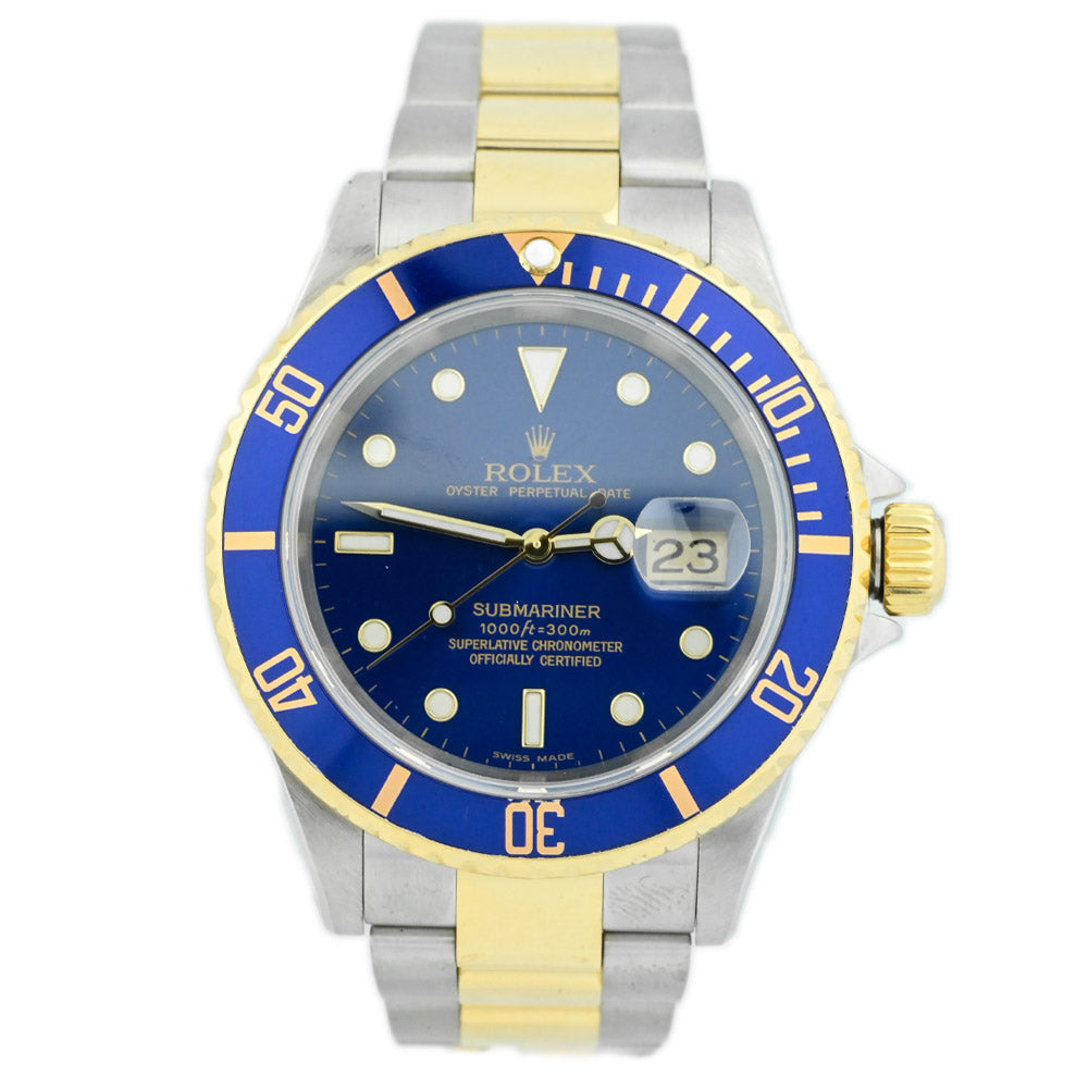 Rolex Submariner Two Tone Yellow Gold & Steel 40mm Blue Dot Dial Watch Ref# 16613 - Happy Jewelers Fine Jewelry Lifetime Warranty