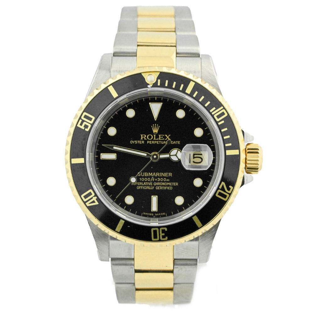 Rolex Submariner Two Tone Yellow Gold & Stainless Steel 40mm Black Dot Dial Watch Reference #: 16613LN - Happy Jewelers Fine Jewelry Lifetime Warranty