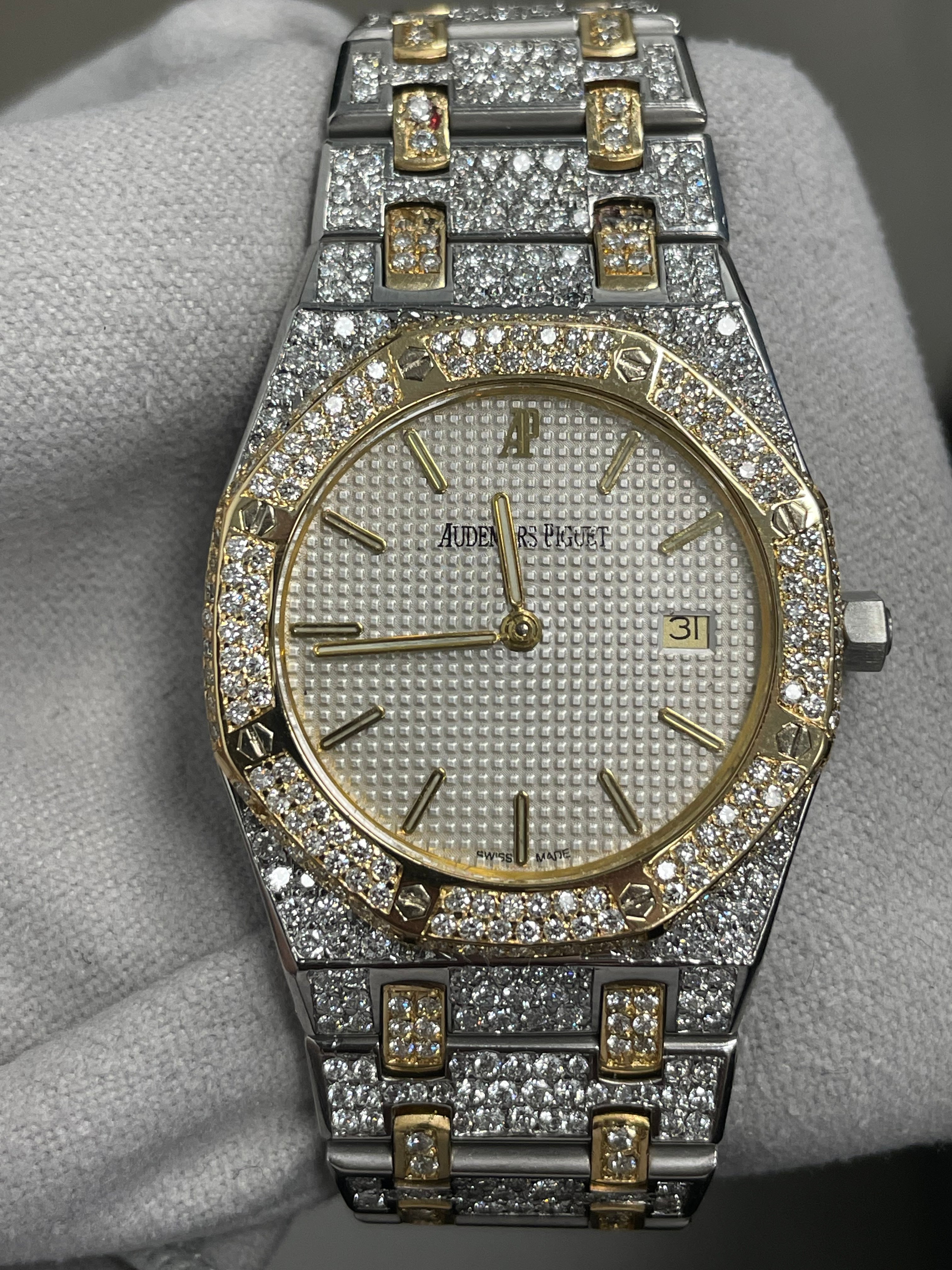 Audemars Piguet Royal Oak Two Tone 33mm Custom Iced Out White Stick Dial Watch Ref#  563036SA - Happy Jewelers Fine Jewelry Lifetime Warranty