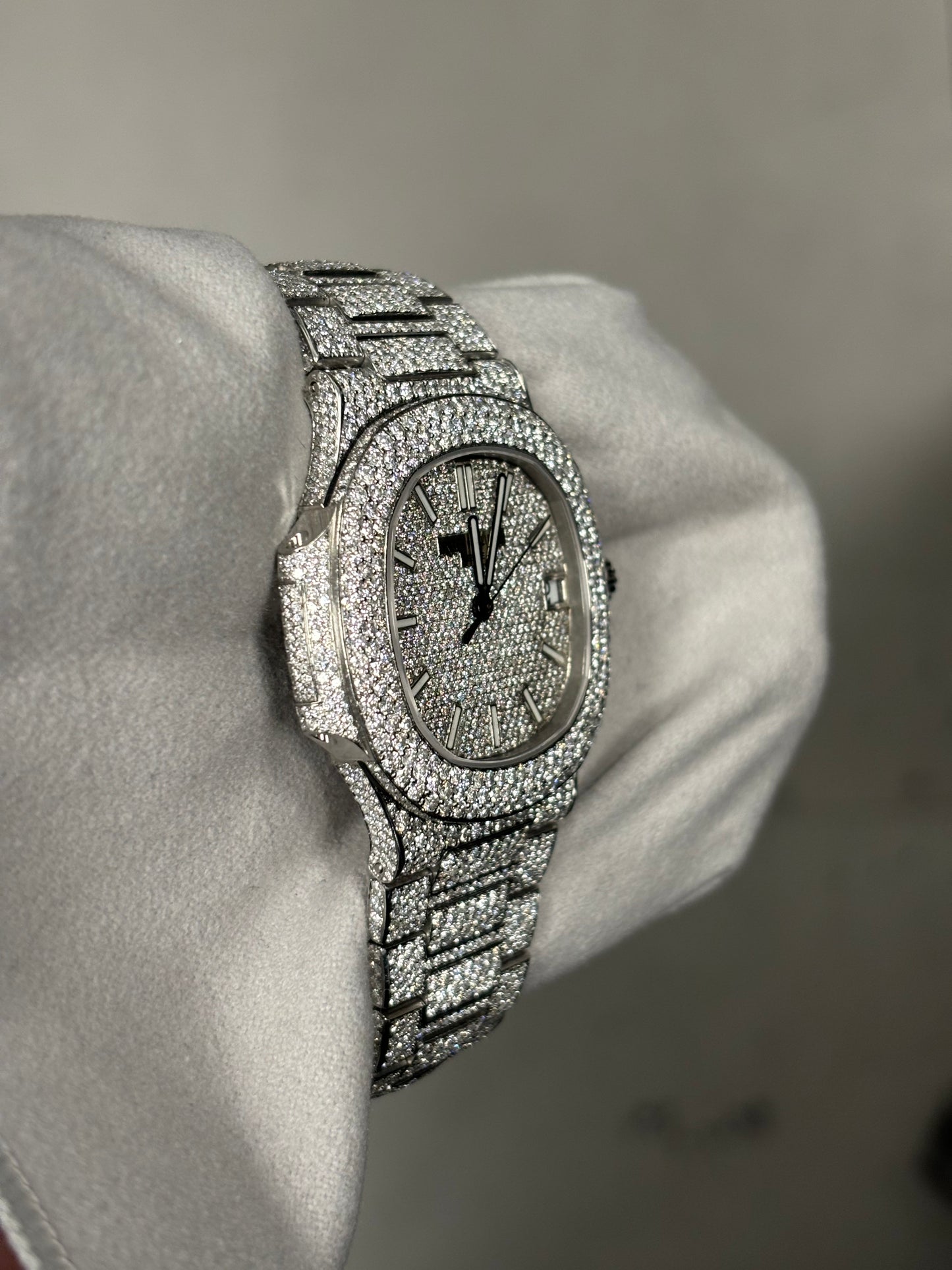 Patek Philippe Nautilus Iced Out Stainless Steel 41mm Custom Pave Stick Dial Watch Reference# 5711/1A-011 - Happy Jewelers Fine Jewelry Lifetime Warranty