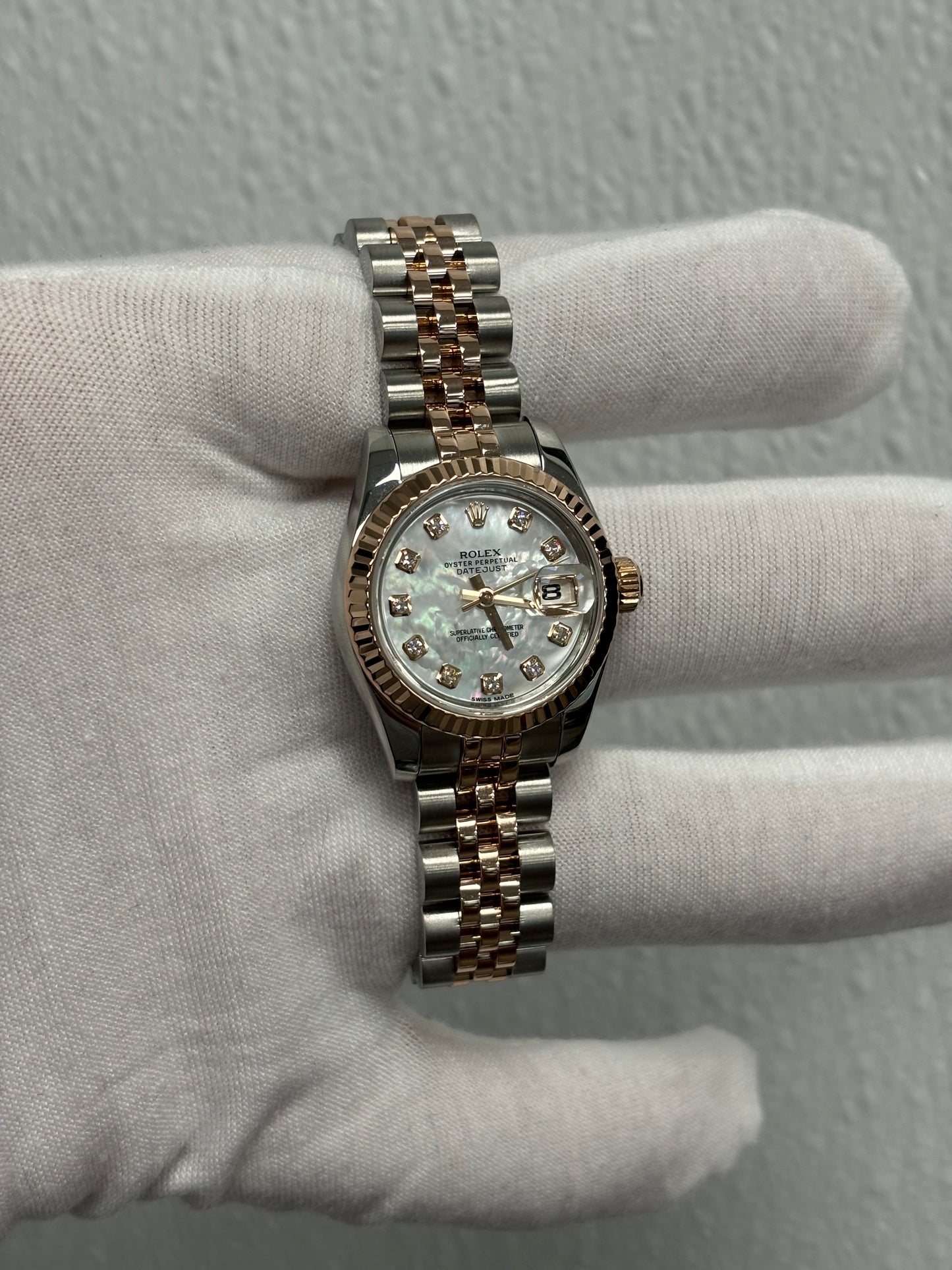 Rolex Datejust Two Tone Stainless Steel Rose Gold 26mm Factory Mop Diamond Dot Dial Watch Reference #: 179171 - Happy Jewelers Fine Jewelry Lifetime Warranty