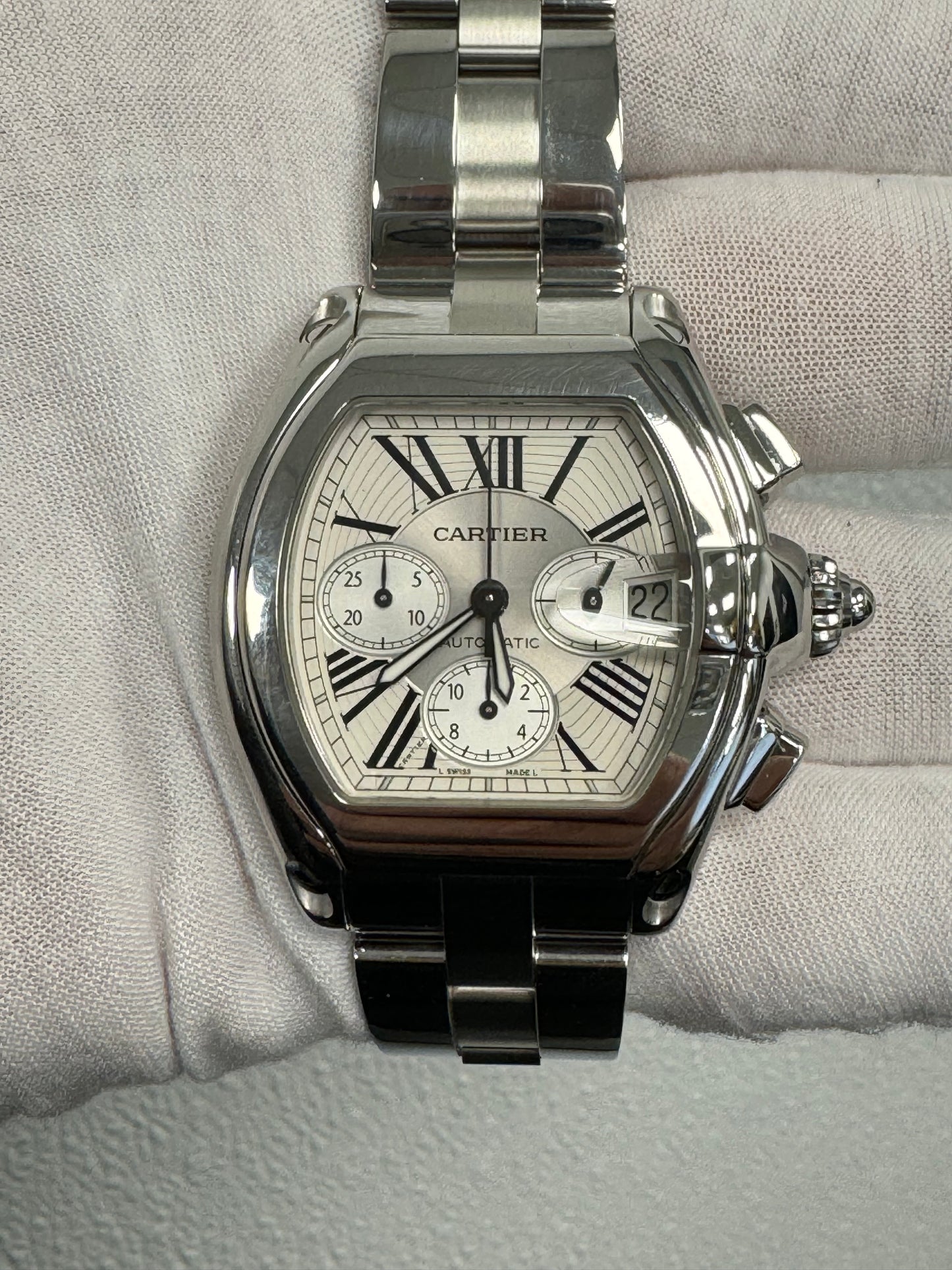 Cartier Roadster Chronograph Stainless Steel 38mm X 43mm Silver Chronograph Roman Dial Watch  Reference #: W62019X6 - Happy Jewelers Fine Jewelry Lifetime Warranty