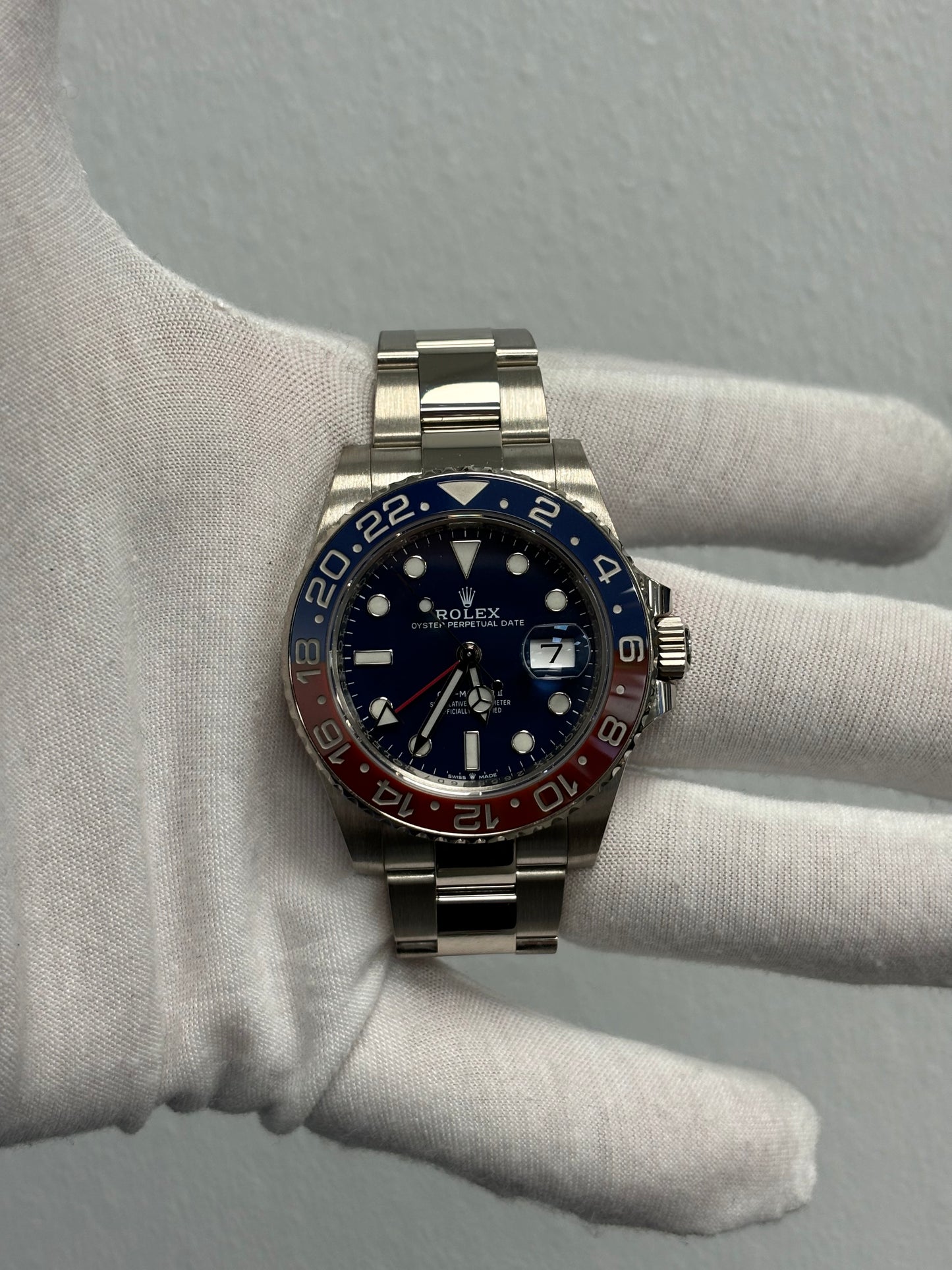 Rolex GMT Master II "Pepsi" White Gold 40mm Blue Dot Dial Watch Reference# 126719BLRO
