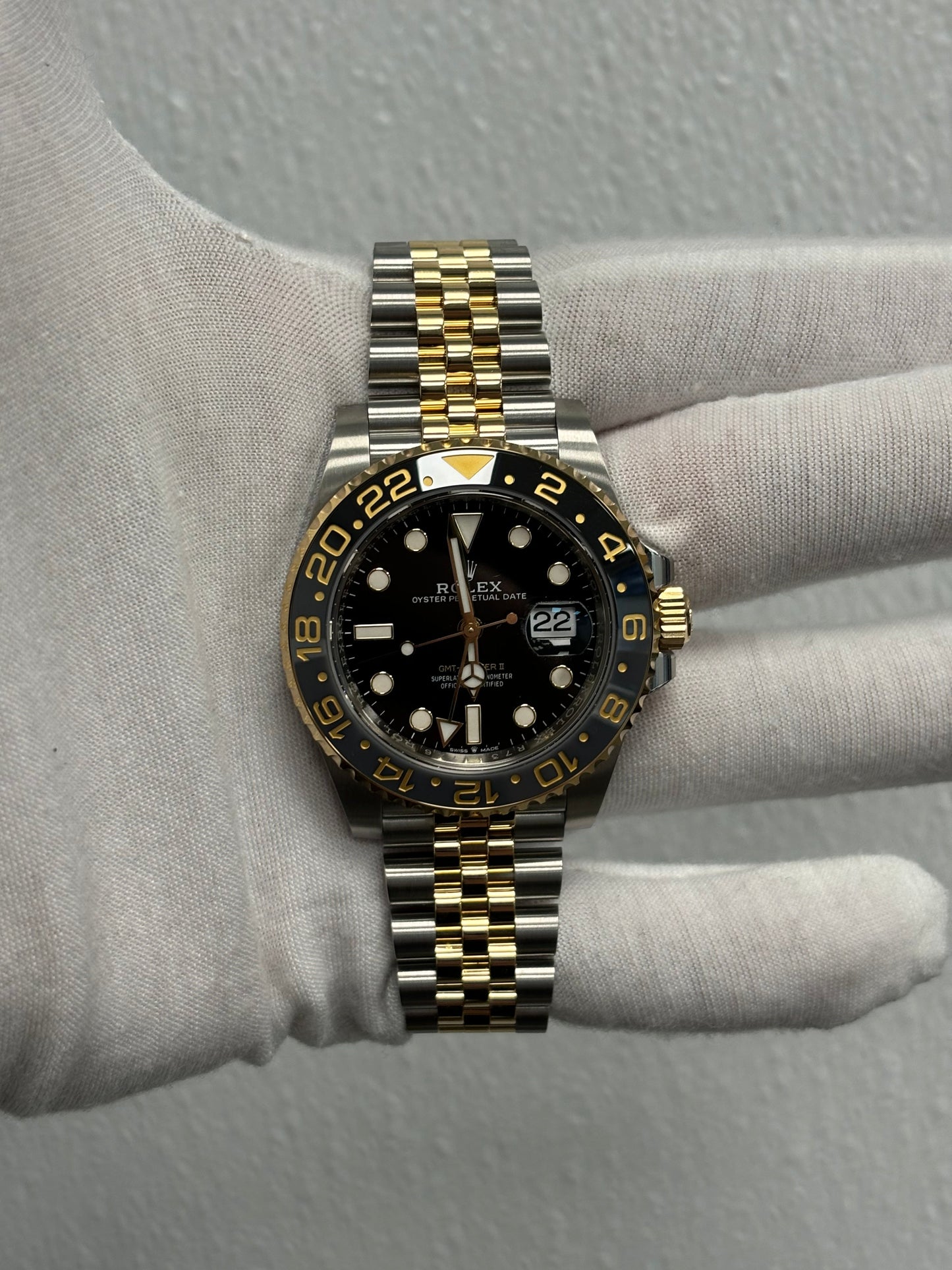 Rolex GMT-Master II "Guinness" Two-Tone Stainless Steel & Yellow Gold 40mm Black Dot Dial Watch Reference# 126713GRNR - Happy Jewelers Fine Jewelry Lifetime Warranty